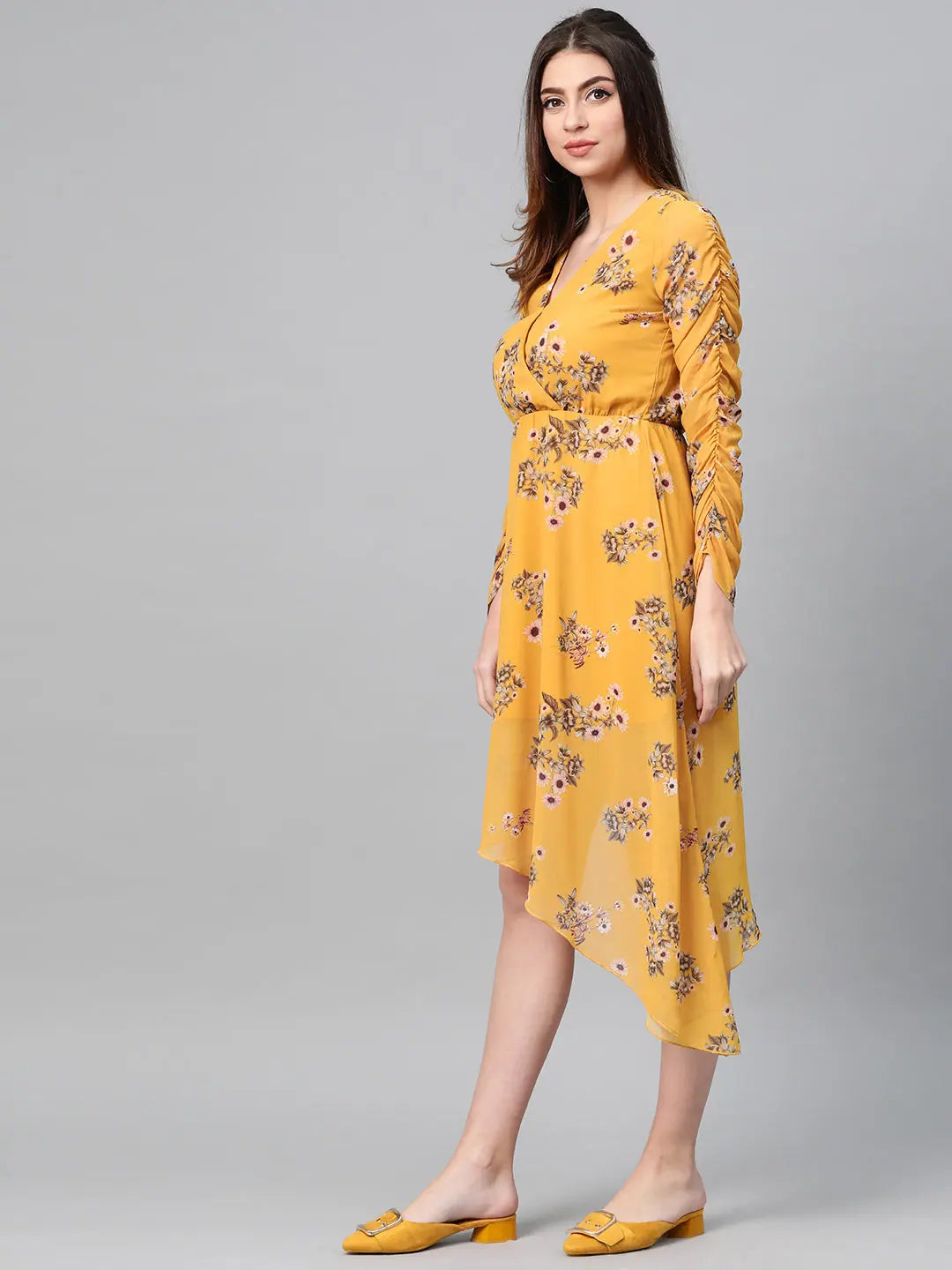 Floral Wrap Dress: Mustard Asymmetric Hem | Midi Length
