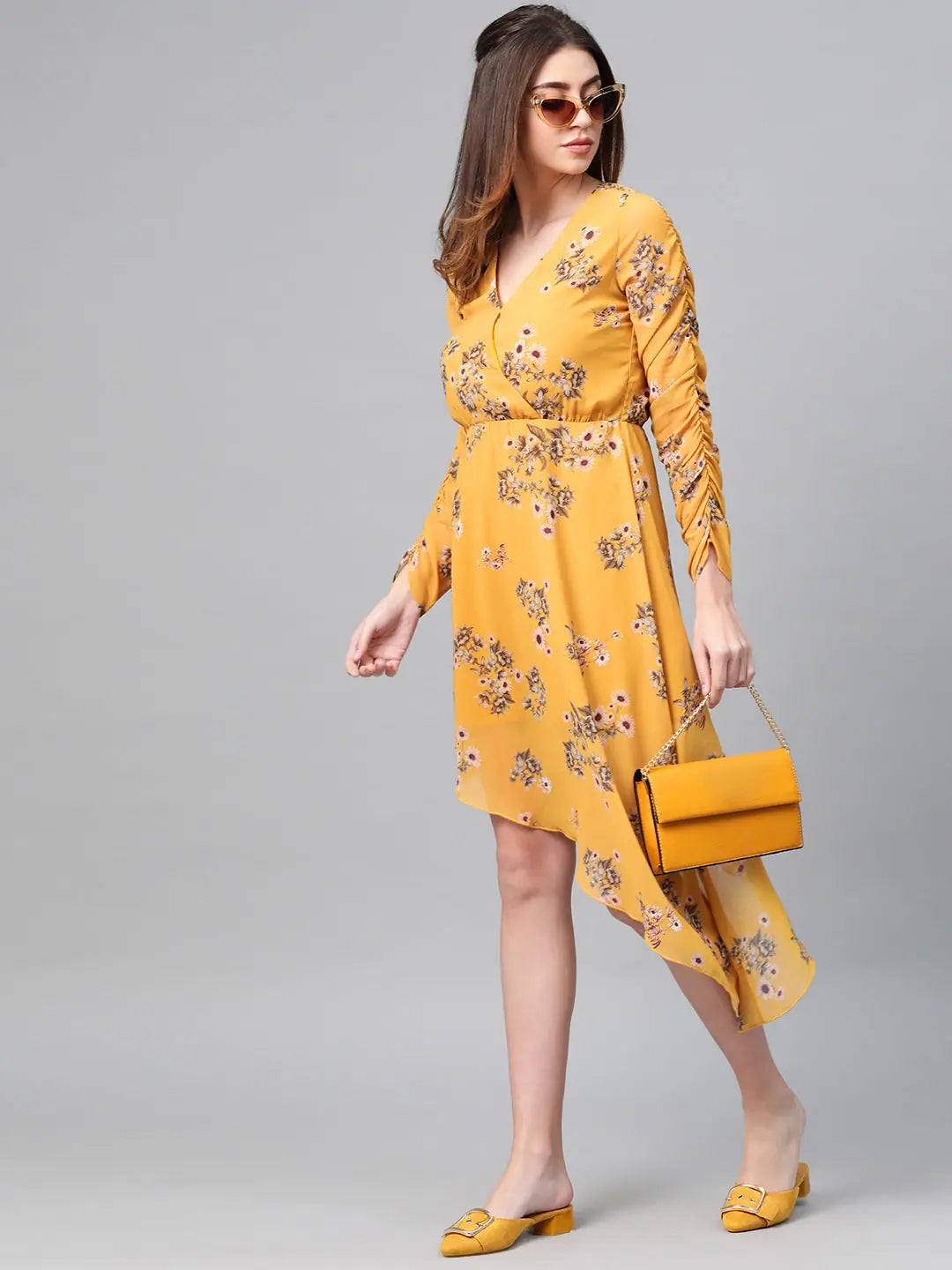 Floral Wrap Dress: Mustard Asymmetric Hem | Midi Length