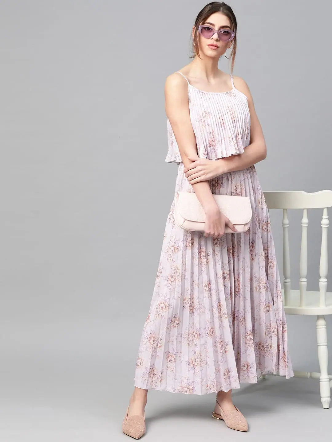 Lavender Floral Maxi Dress - Strappy Pleated Women's Lehenga