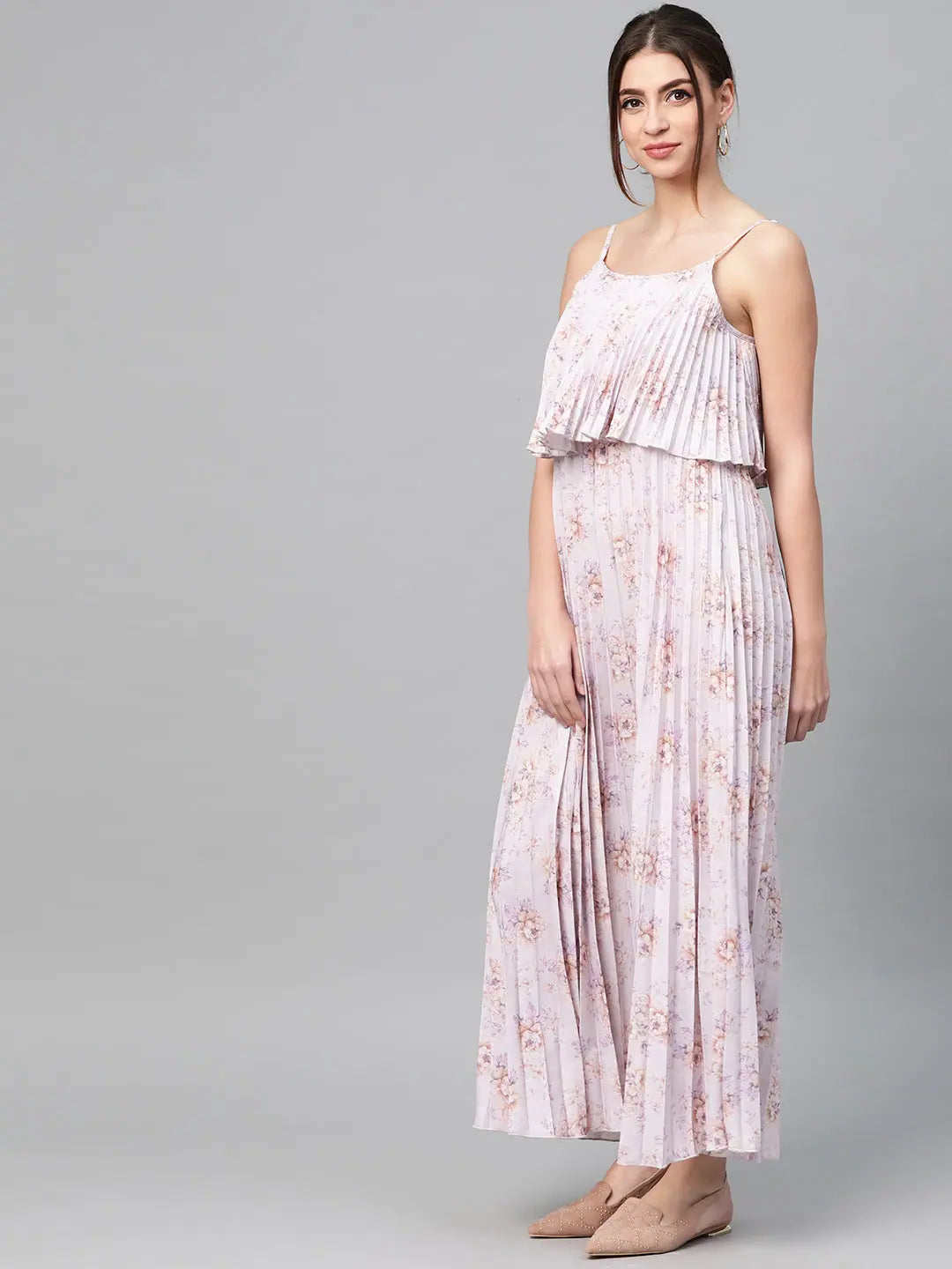 Lavender Floral Maxi Dress - Strappy Pleated Women's Lehenga