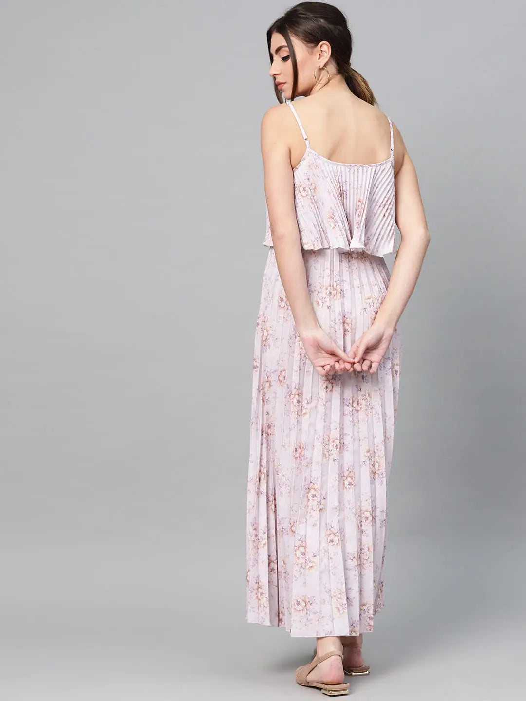 Lavender Floral Maxi Dress - Strappy Pleated Women's Lehenga
