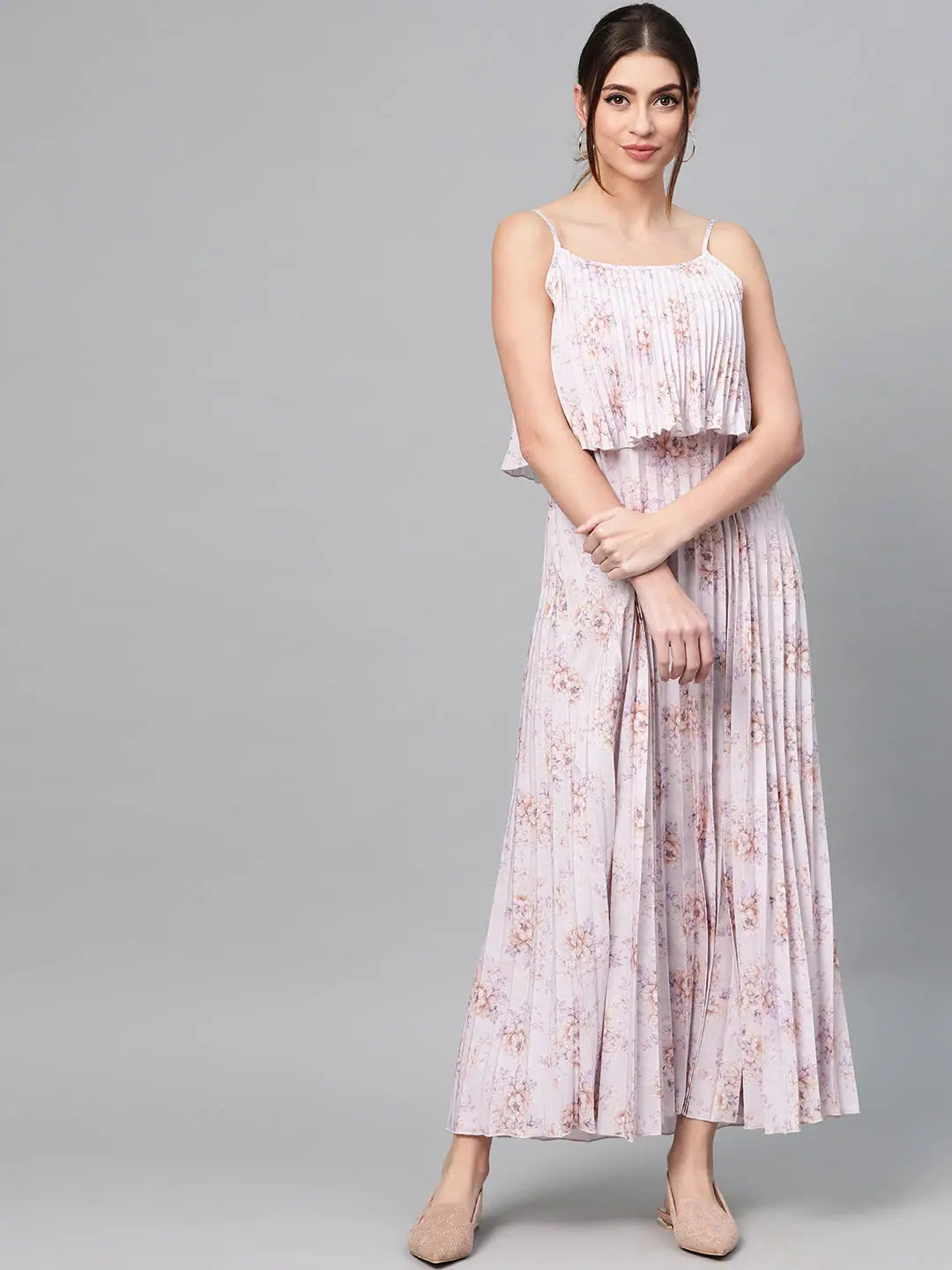 Lavender Floral Maxi Dress - Strappy Pleated Women's Lehenga