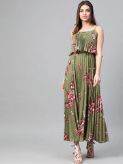 Olive Floral Strappy Pleated Maxi Dress