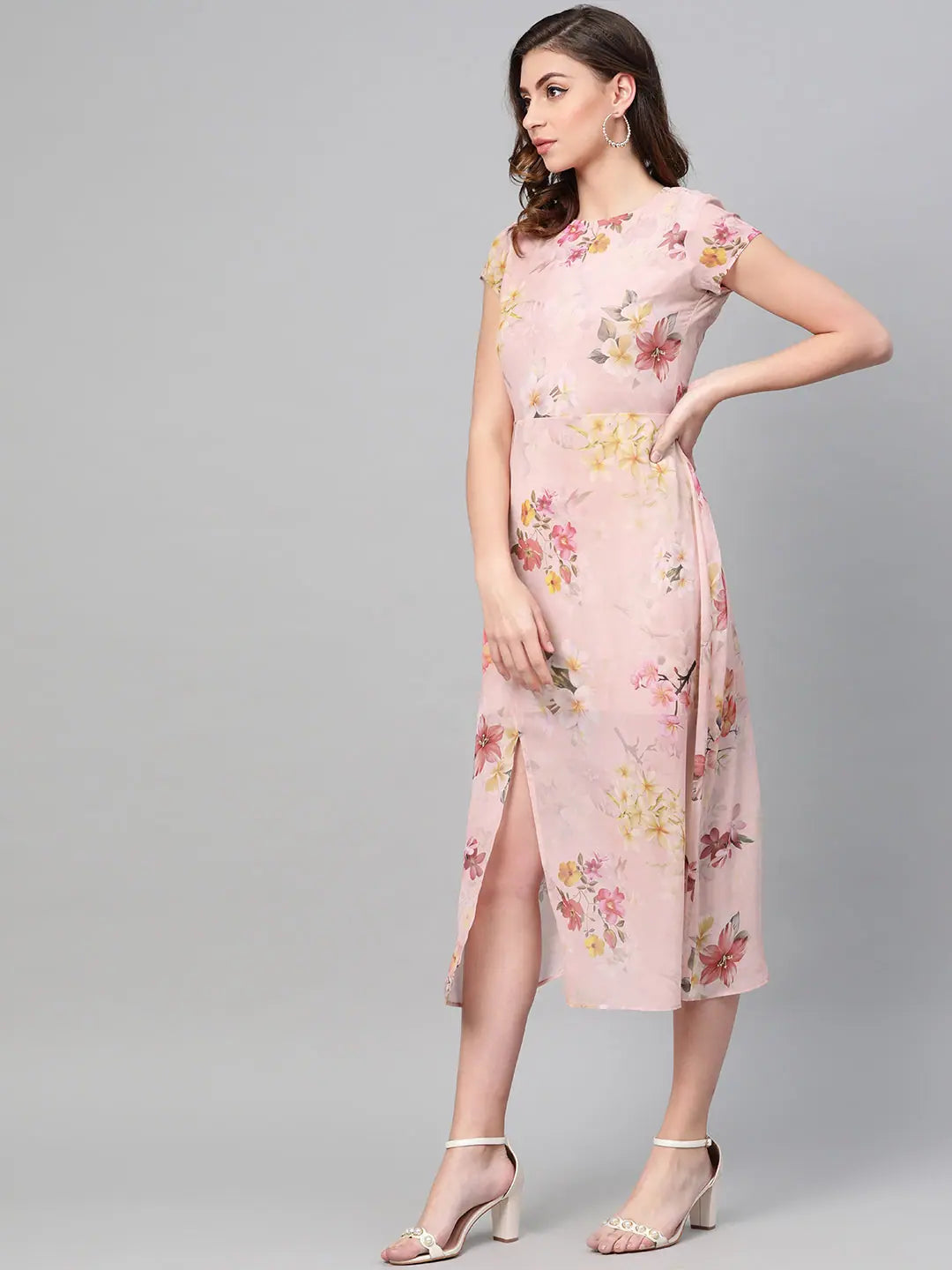 Peach Floral Cut Out Dress - Women's Designer Polyester Midi
