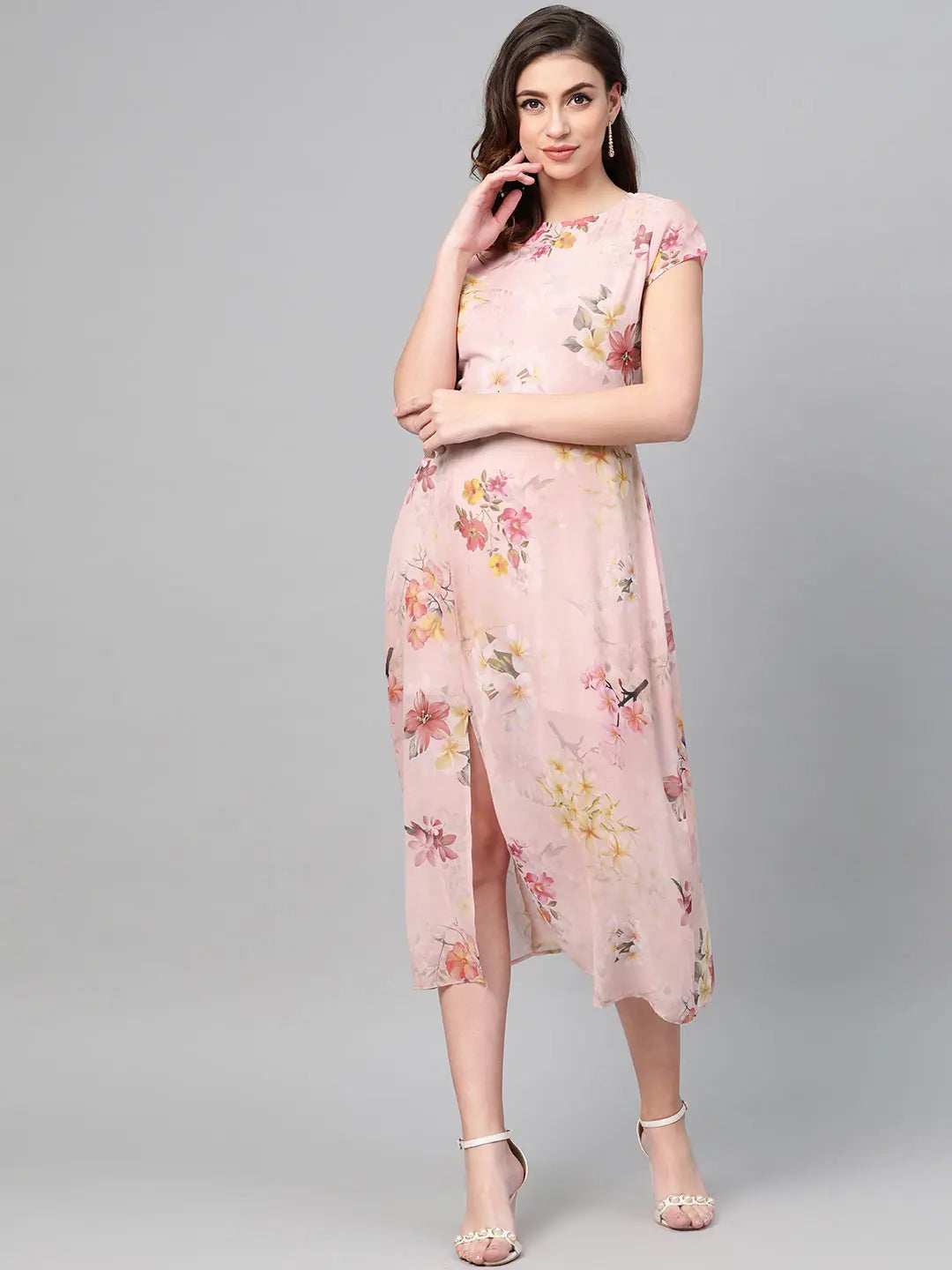 Peach Floral Cut Out Dress - Women's Designer Polyester Midi
