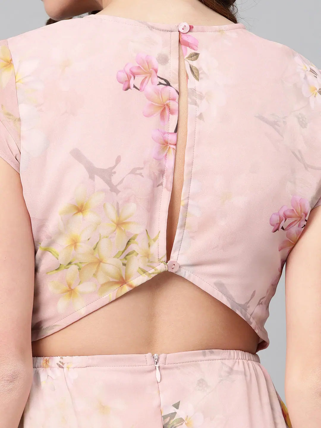 Peach Floral Cut Out Dress - Women's Designer Polyester Midi