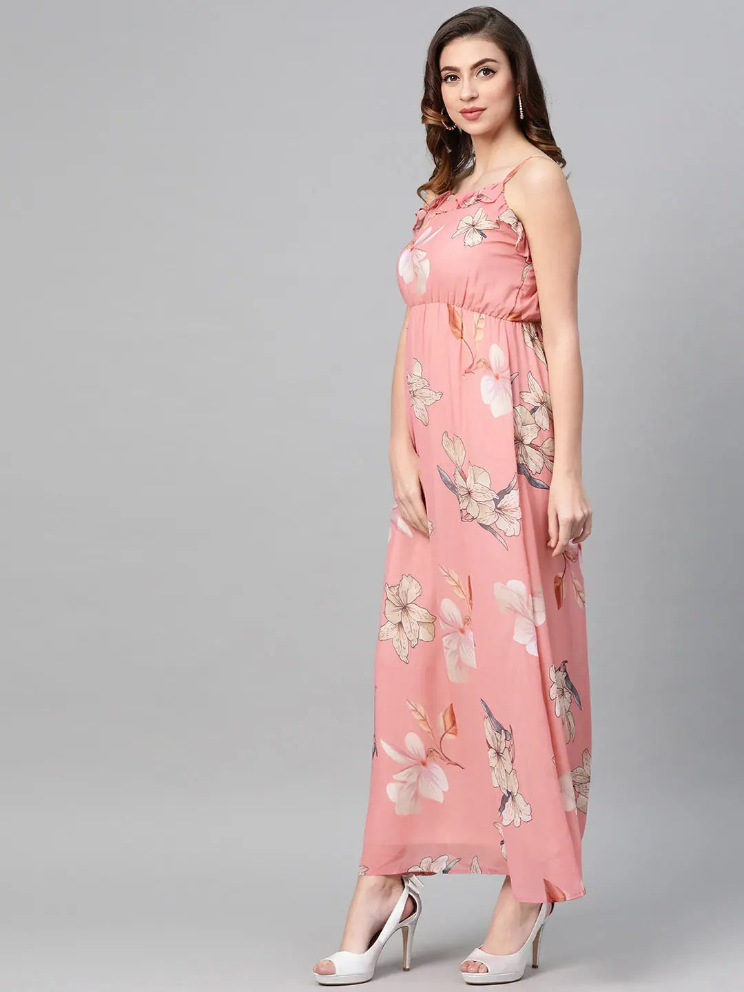 Rose Pink Floral Maxi Dress - Strappy, Flowing Georgette