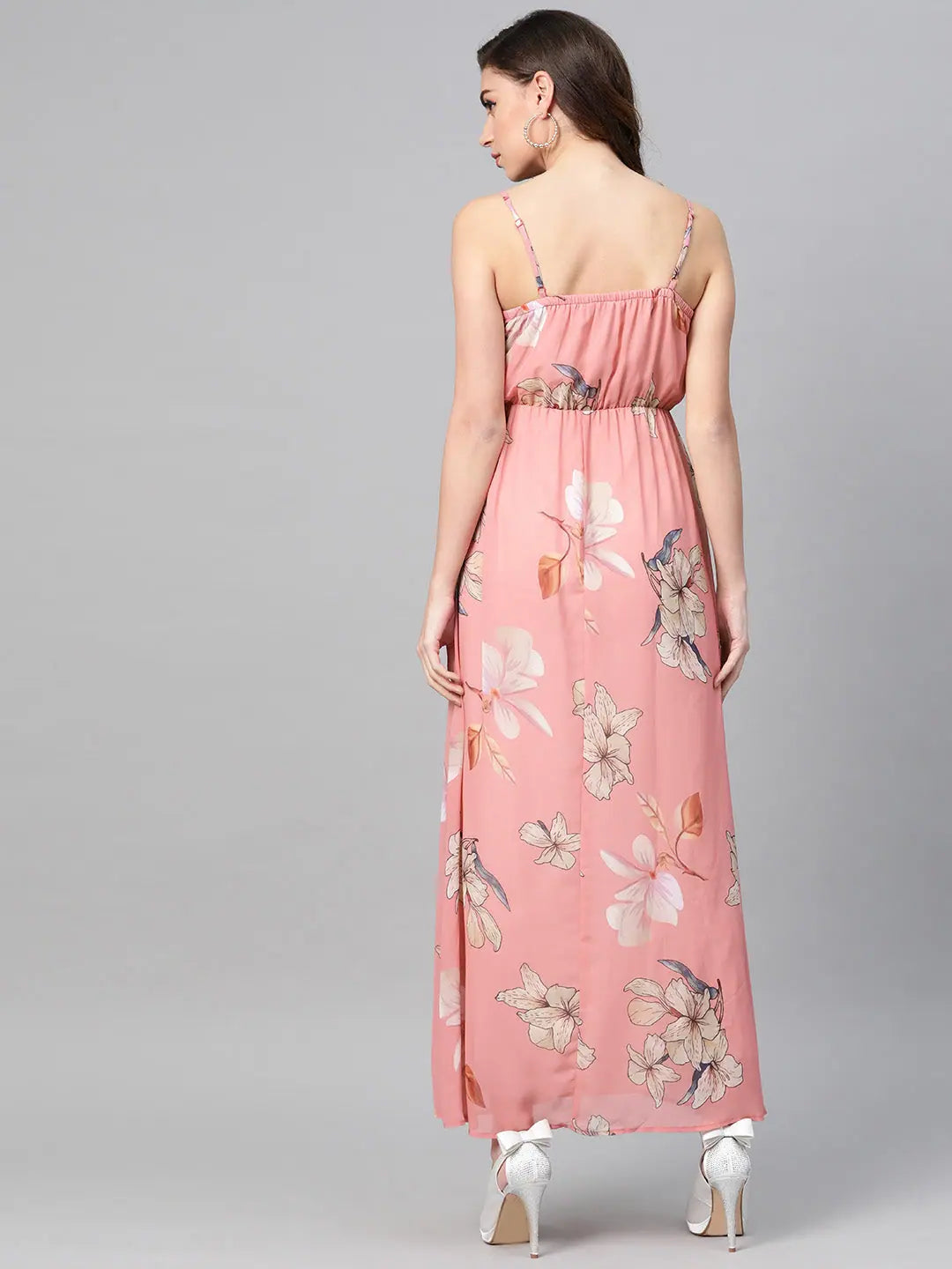 Rose Pink Floral Maxi Dress - Strappy, Flowing Georgette