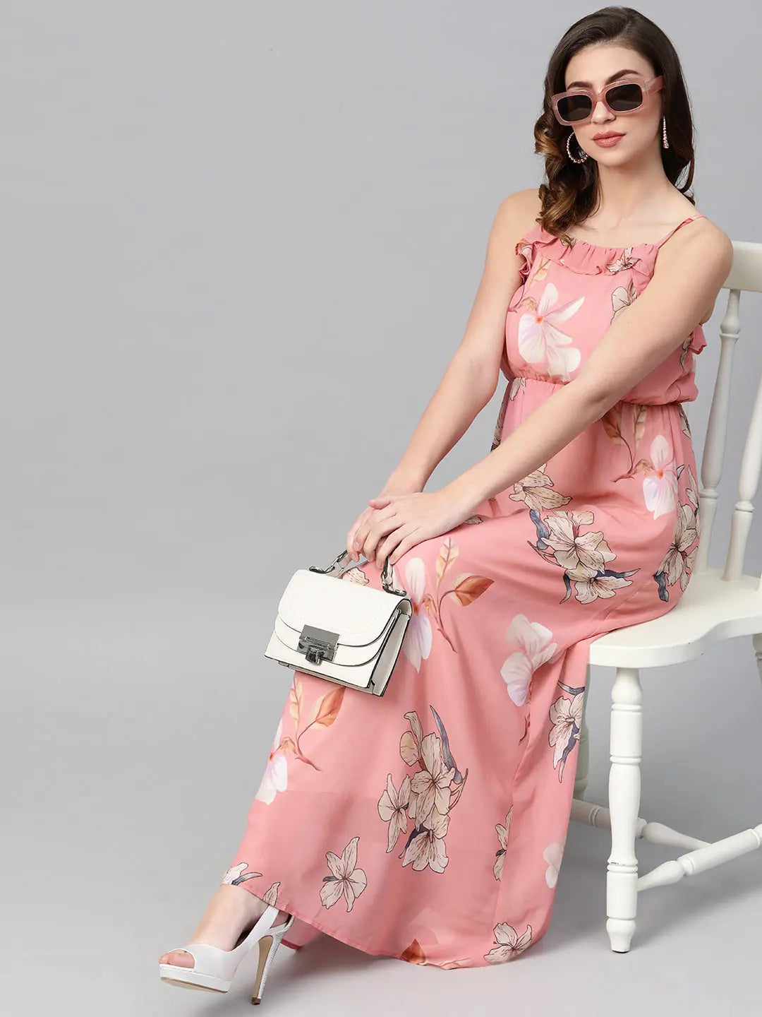 Rose Pink Floral Maxi Dress - Strappy, Flowing Georgette