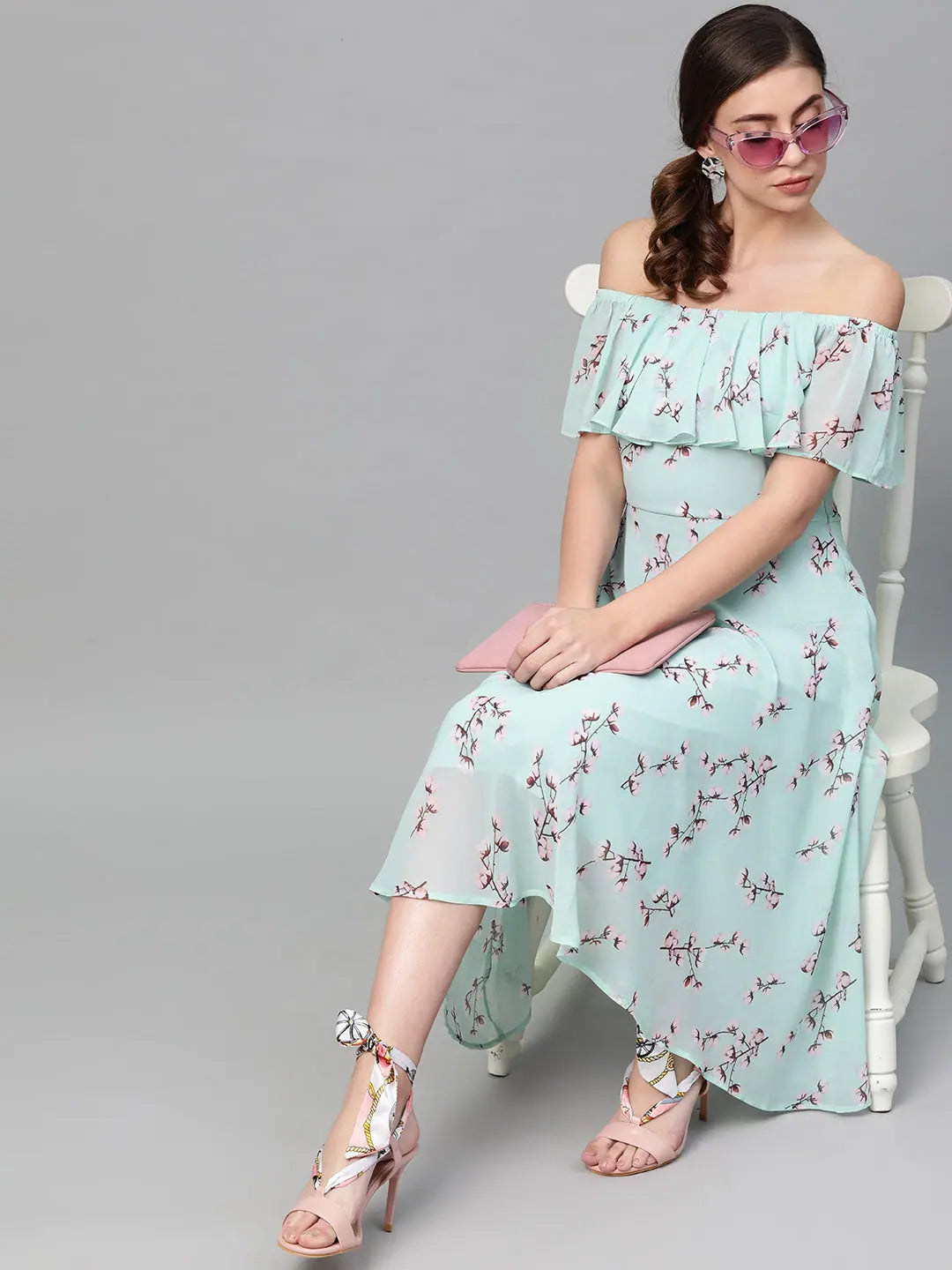 Sea Green Floral Midi Dress | Off Shoulder Women's Dress
