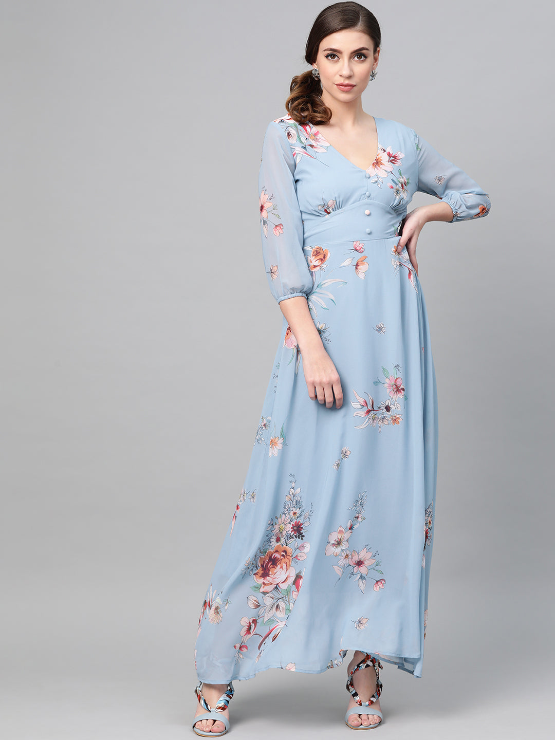 Women Pale Blue Floral Flared Maxi Dress-SFDRSS1811