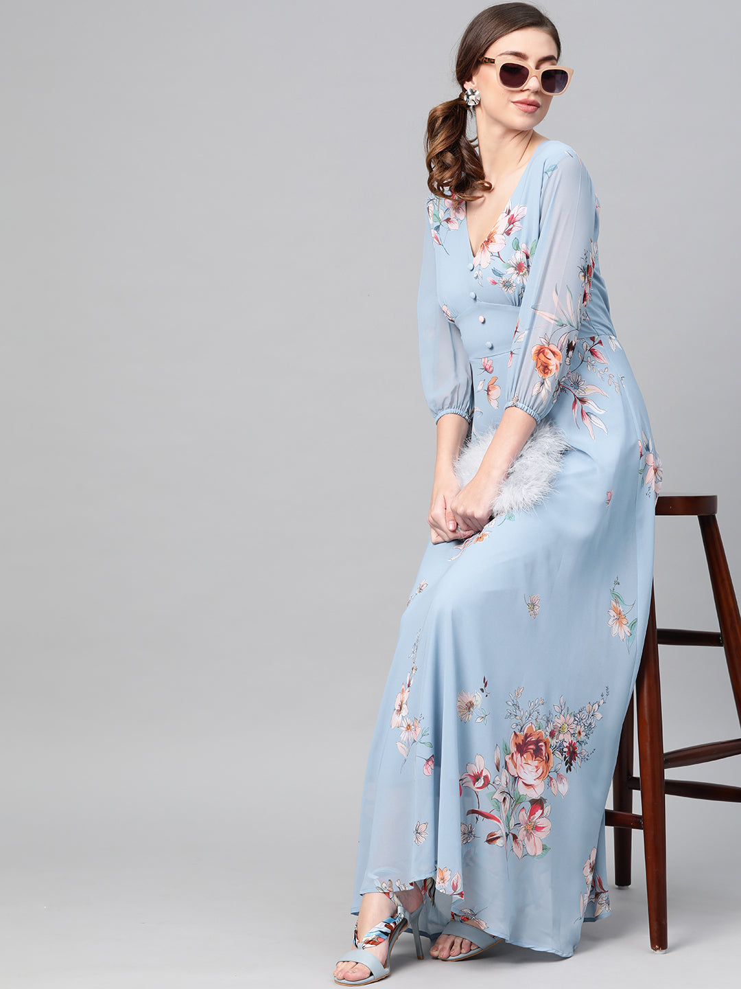 Women Pale Blue Floral Flared Maxi Dress-SFDRSS1811