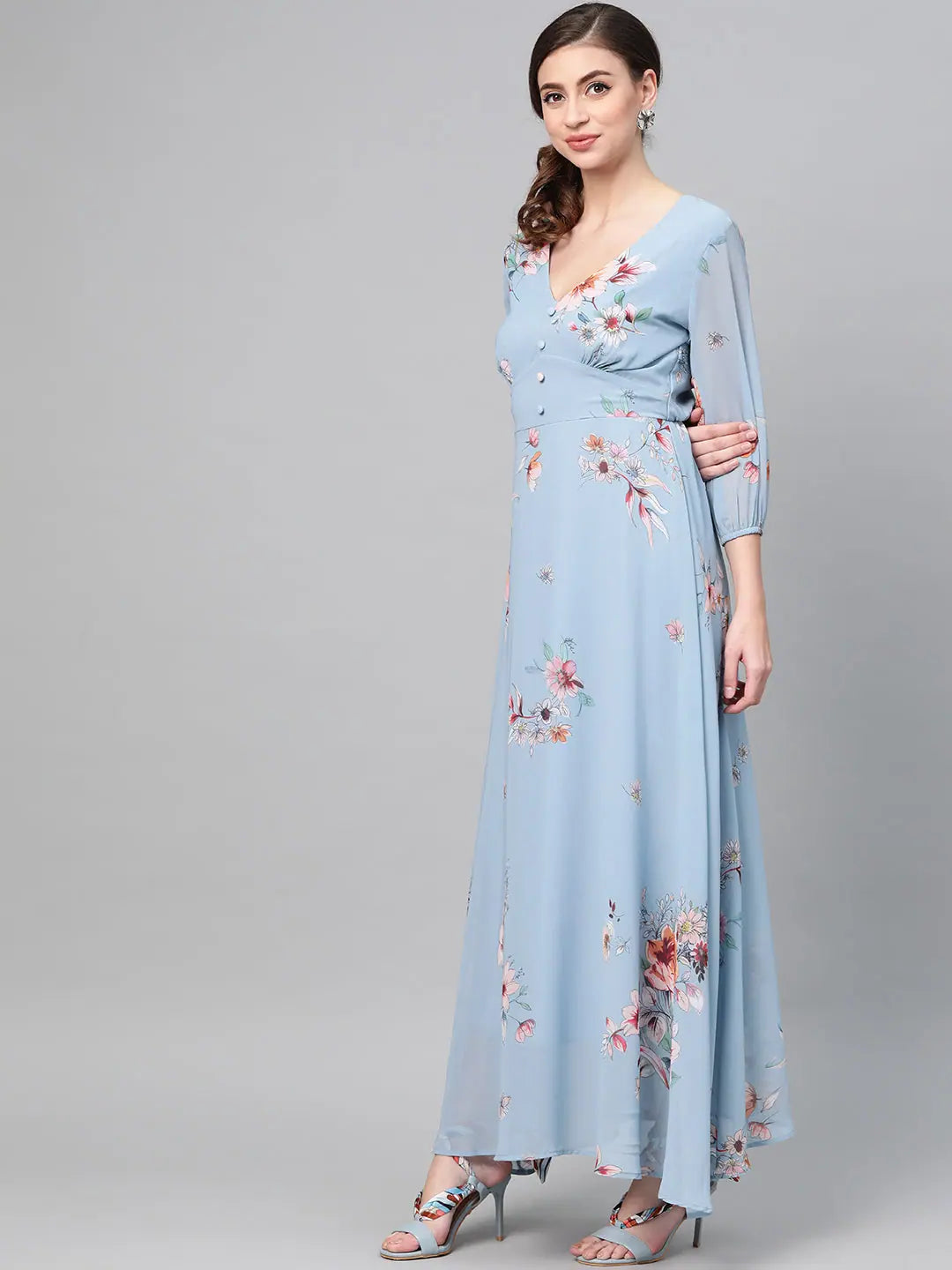 Blue Floral Maxi Dress | Women's Flared Georgette Maxi Dress Blue Floral Maxi Dress | Women's Flared Georgette Maxi Dress