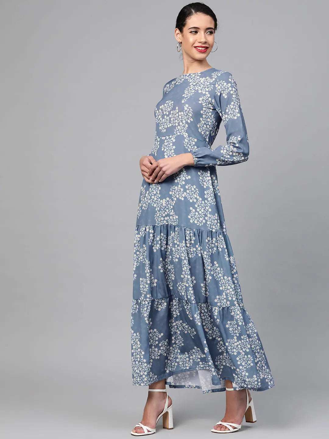 Floral Tiered Maxi Dress | Dark Blue Women's Polyester
