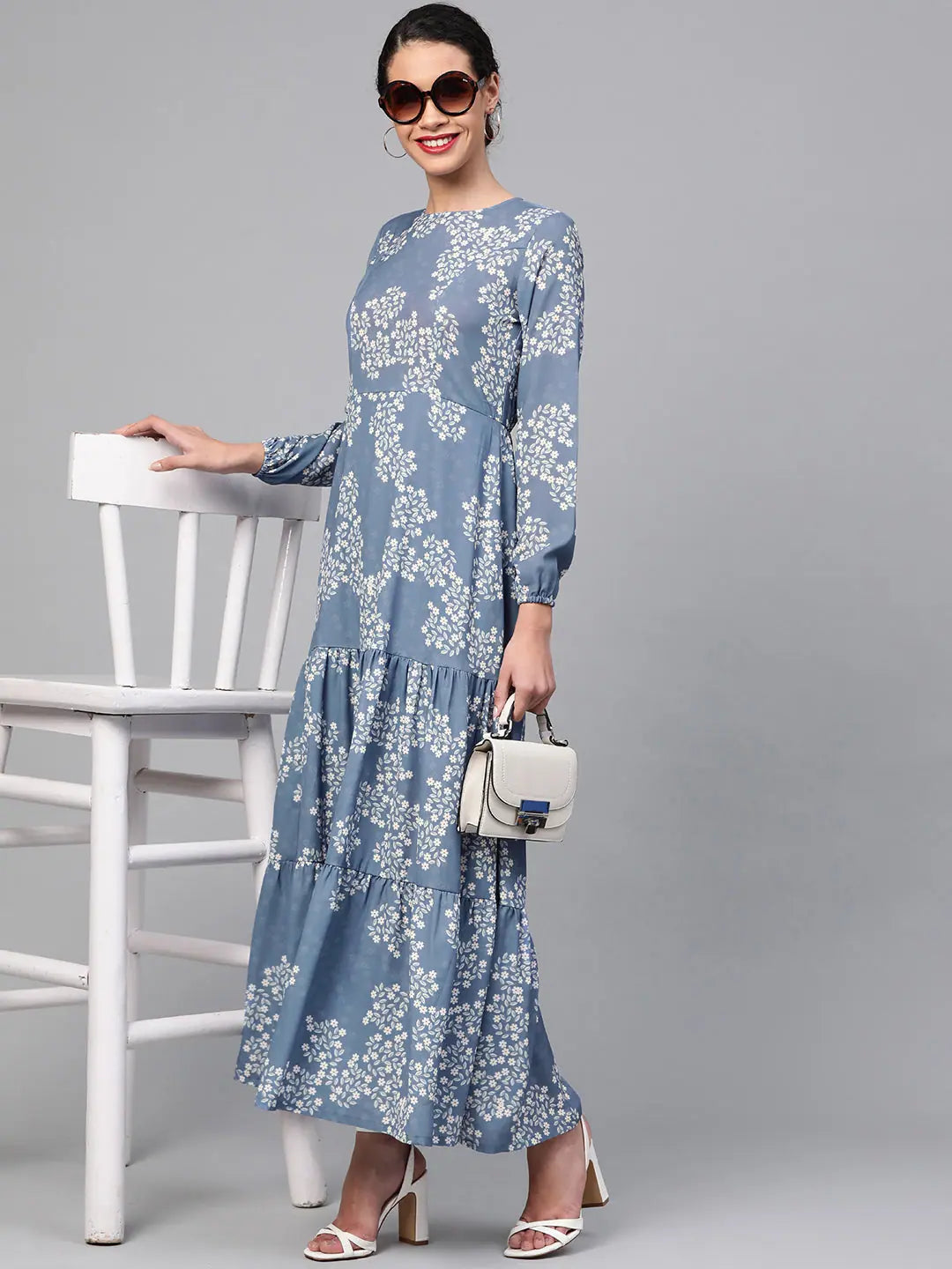 Floral Tiered Maxi Dress | Dark Blue Women's Polyester