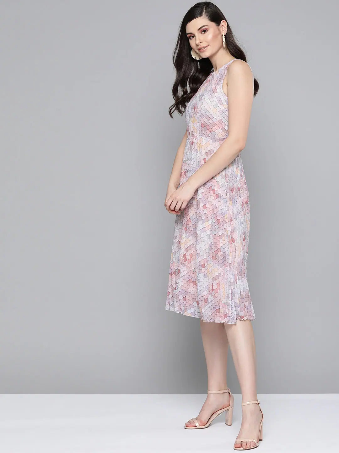 Peach Tile Print Midi Dress | Fit & Flare Designer Dress