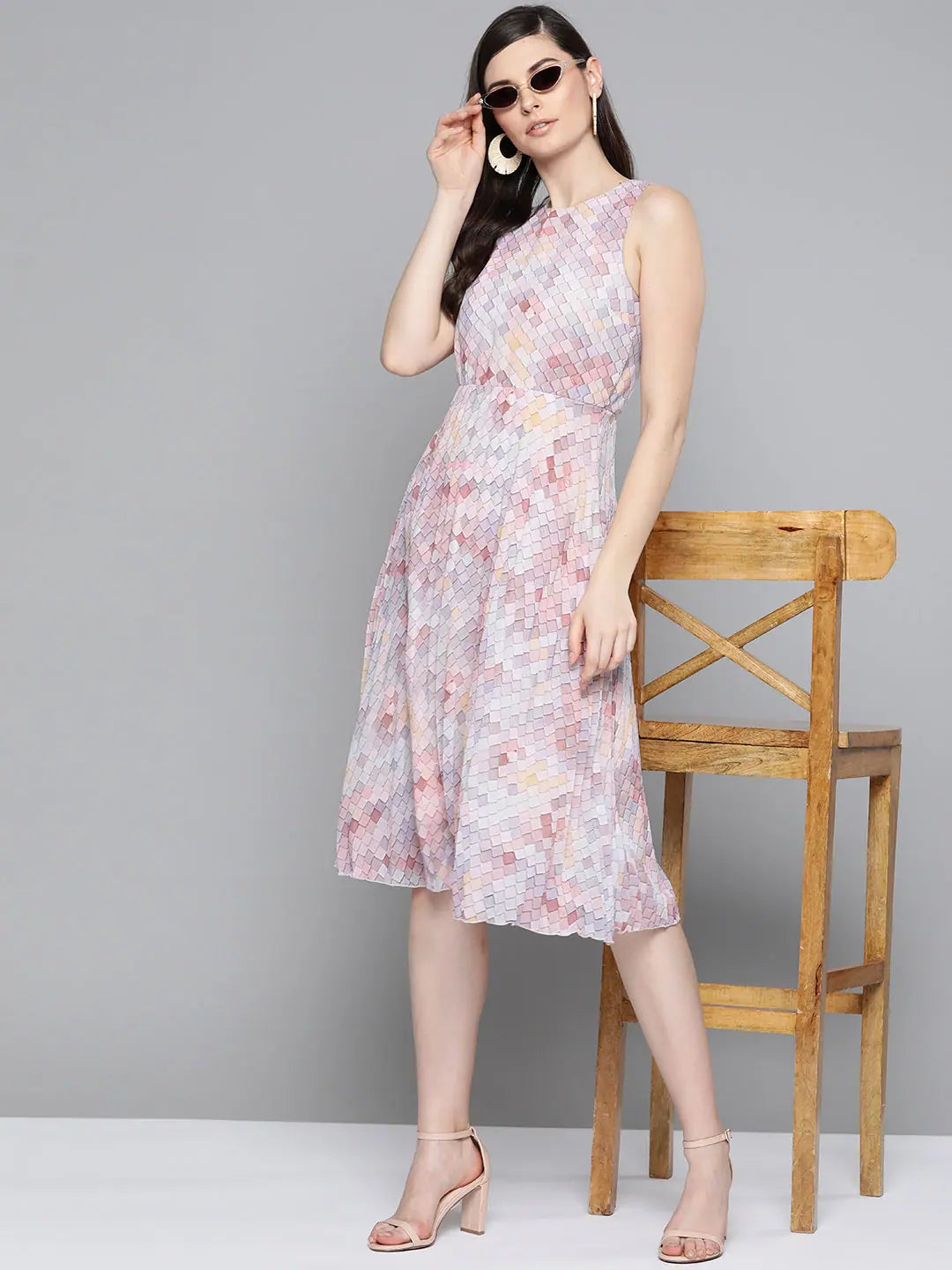 Peach Tile Print Midi Dress | Fit & Flare Designer Dress