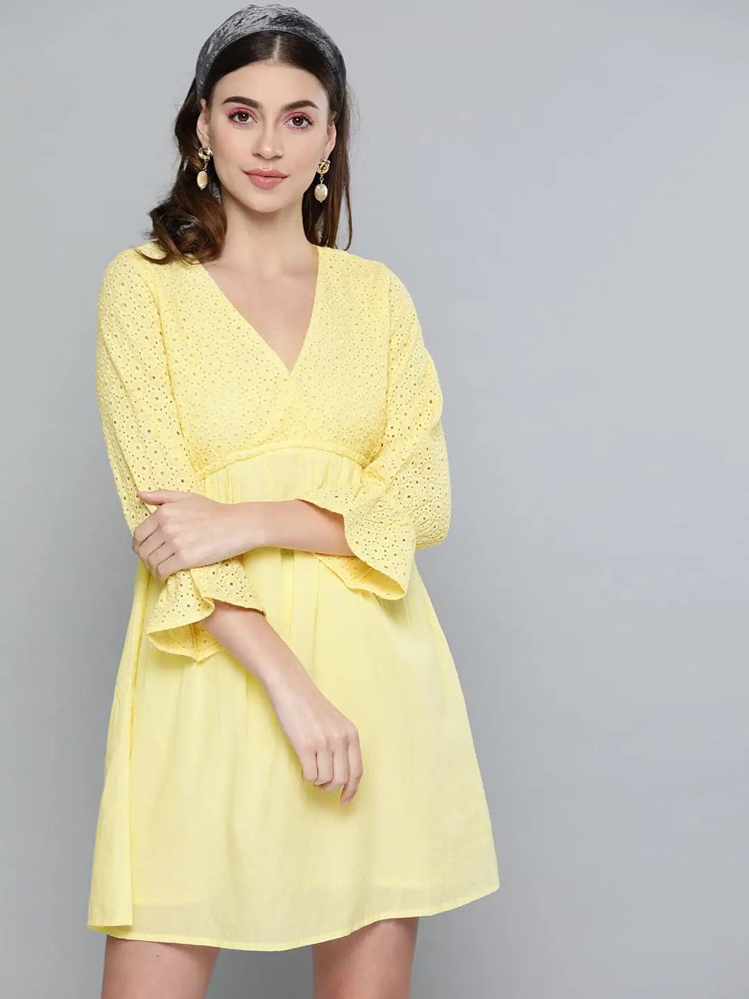 Lemon Yellow Schiffli Shift Dress | Designer Women's Lehenga S...