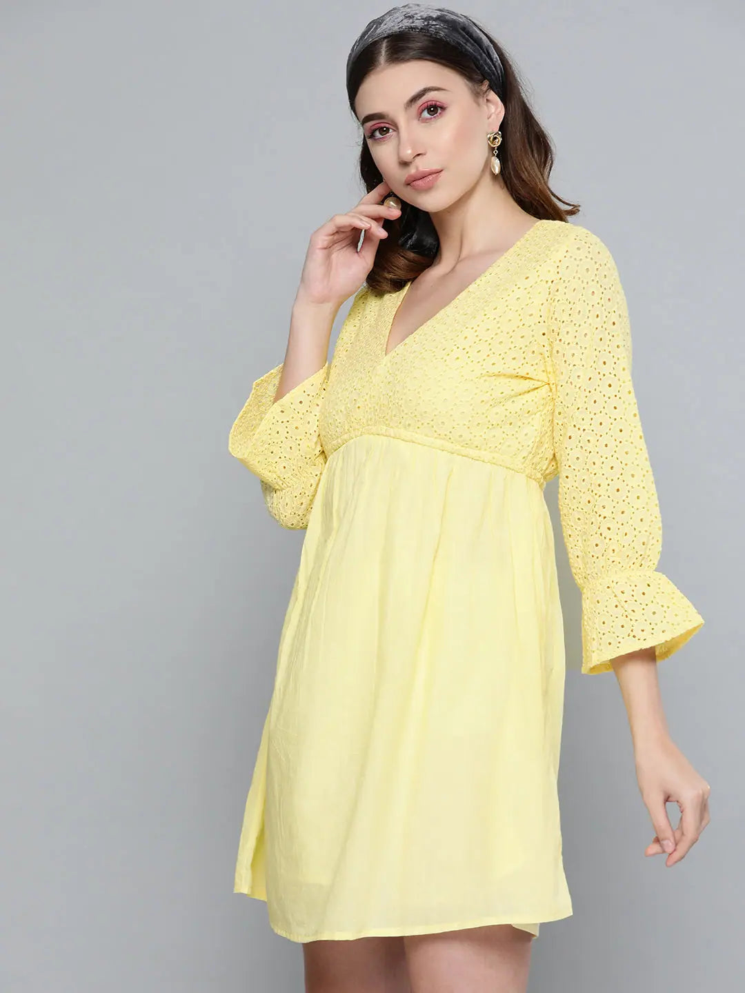 Lemon Yellow Schiffli Shift Dress | Designer Women's Lehenga S...