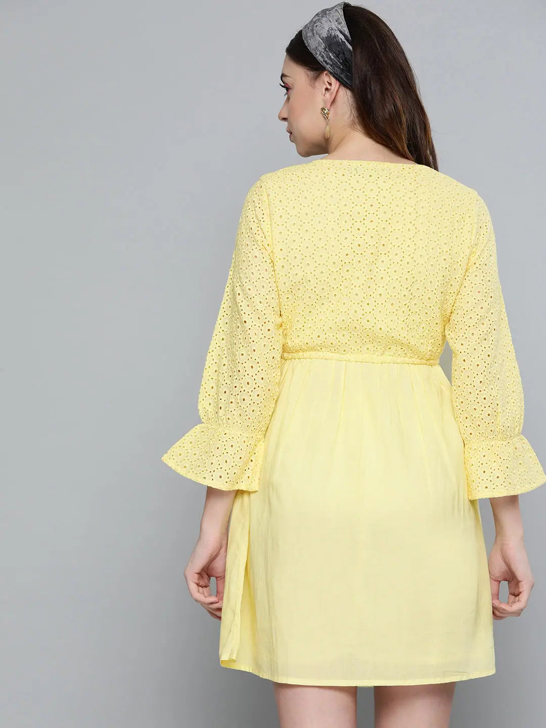 Lemon Yellow Schiffli Shift Dress | Designer Women's Lehenga S...