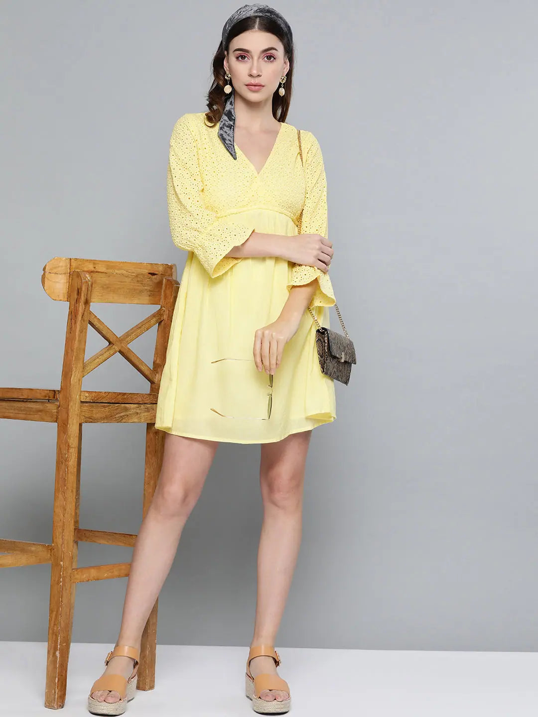 Lemon Yellow Schiffli Shift Dress | Designer Women's Lehenga S...