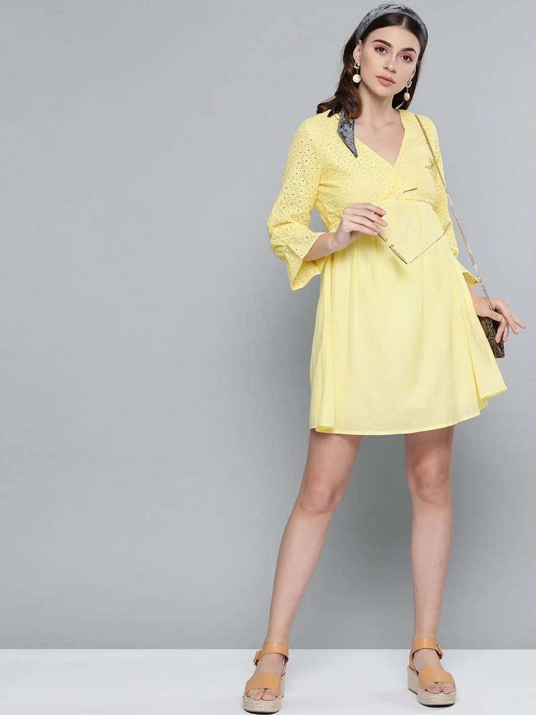 Lemon Yellow Schiffli Shift Dress | Designer Women's Lehenga S...