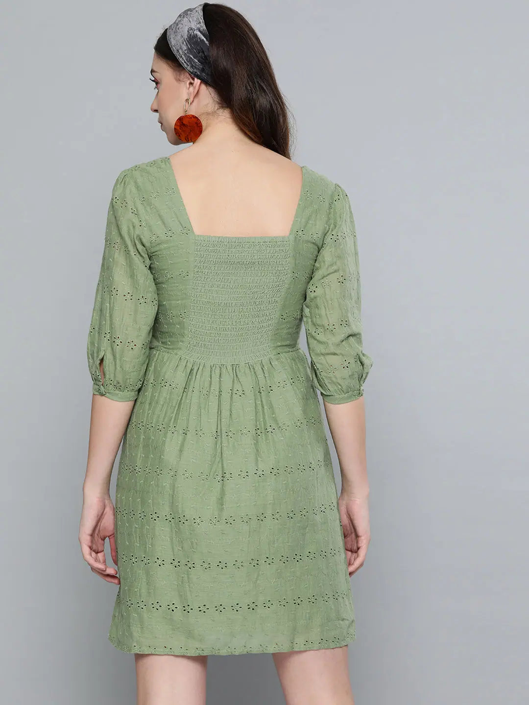 Olive Schiffli Smocking Skater Dress | Designer Party Wear