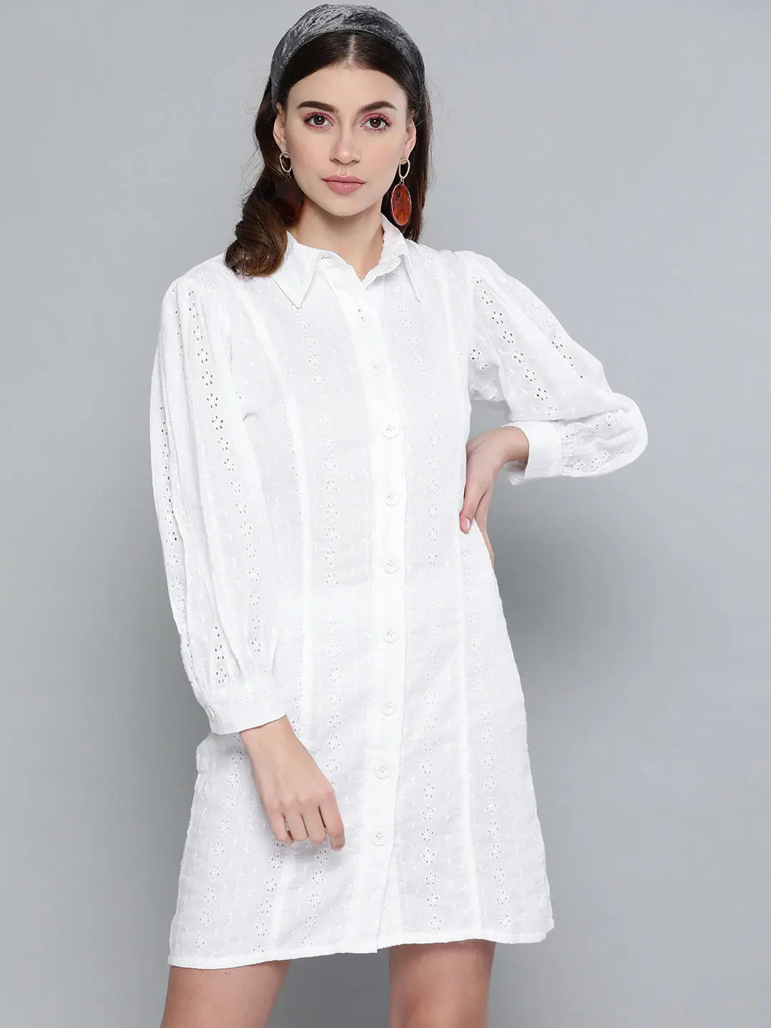 White Schiffli Shirt Dress | Cotton, Comfort Fit