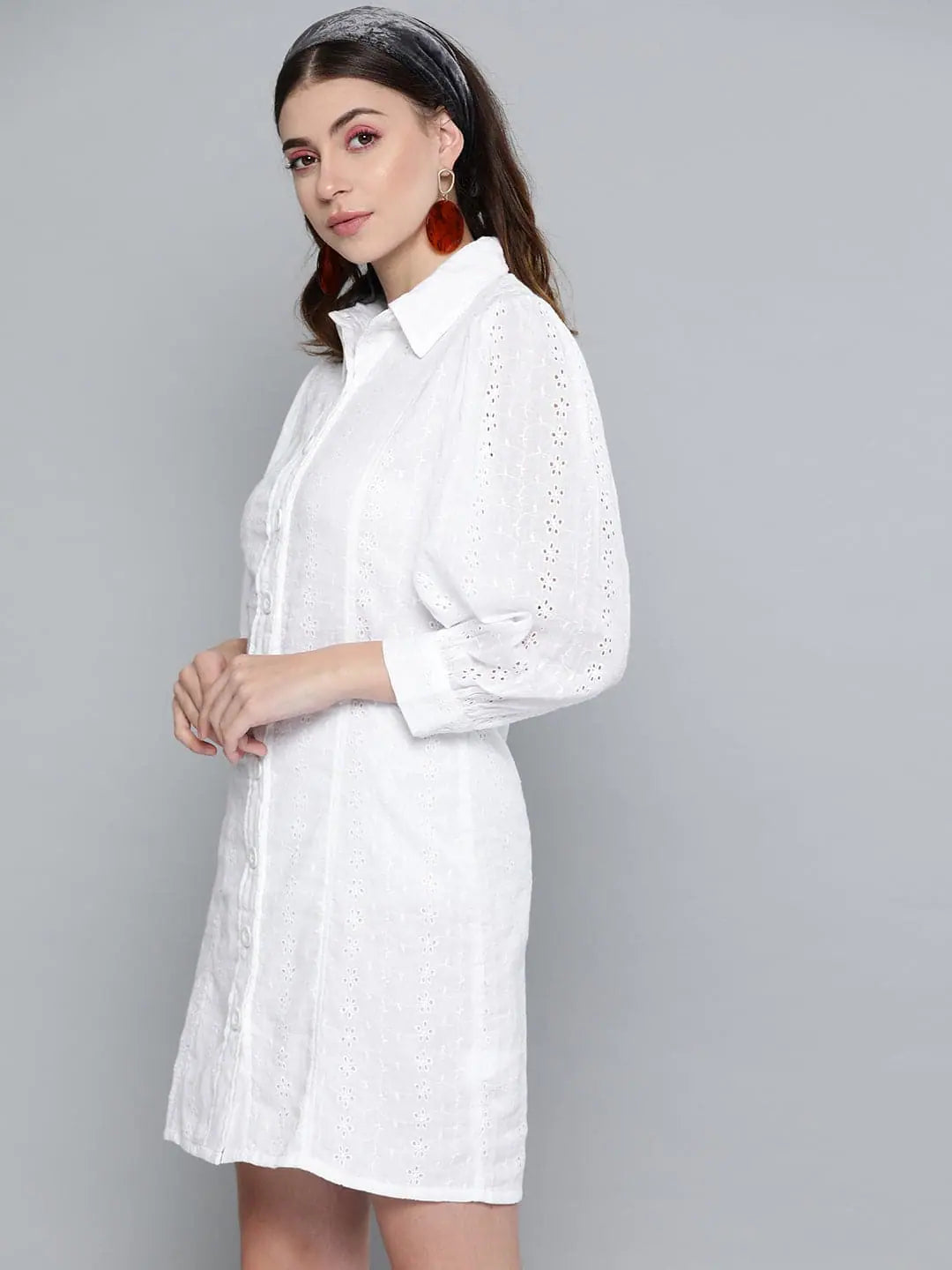 White Schiffli Shirt Dress | Cotton, Comfort Fit