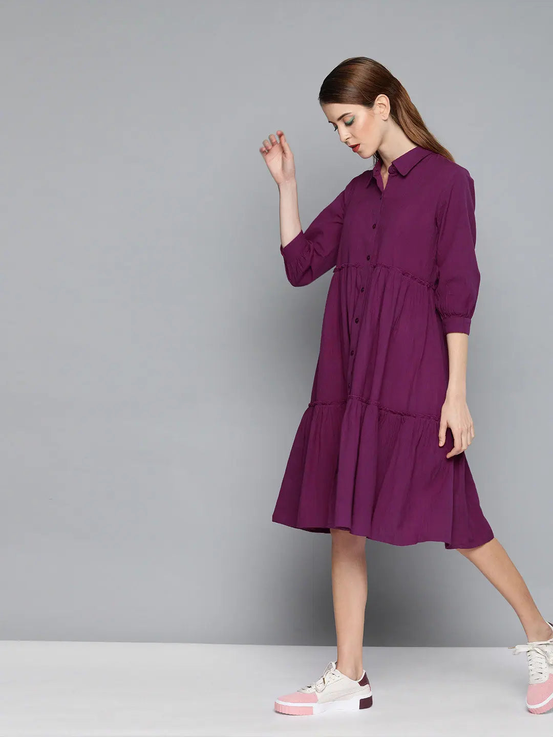 Purple Tiered Cotton Dress - Front Open Below Knee Length