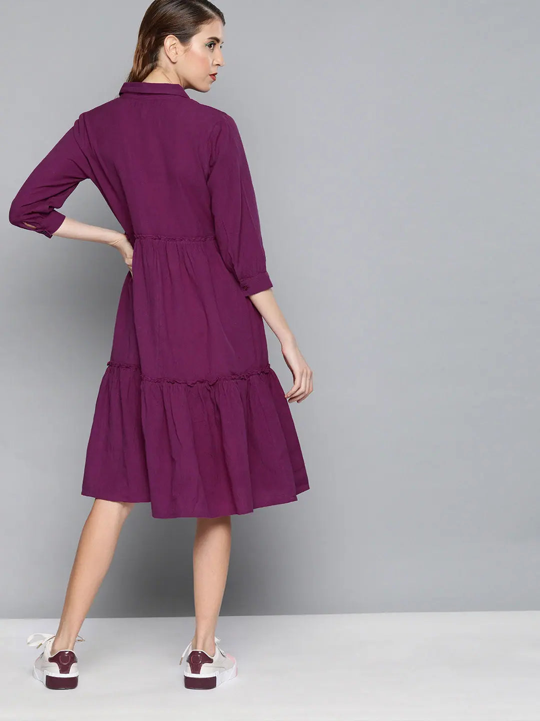 Purple Tiered Cotton Dress - Front Open Below Knee Length