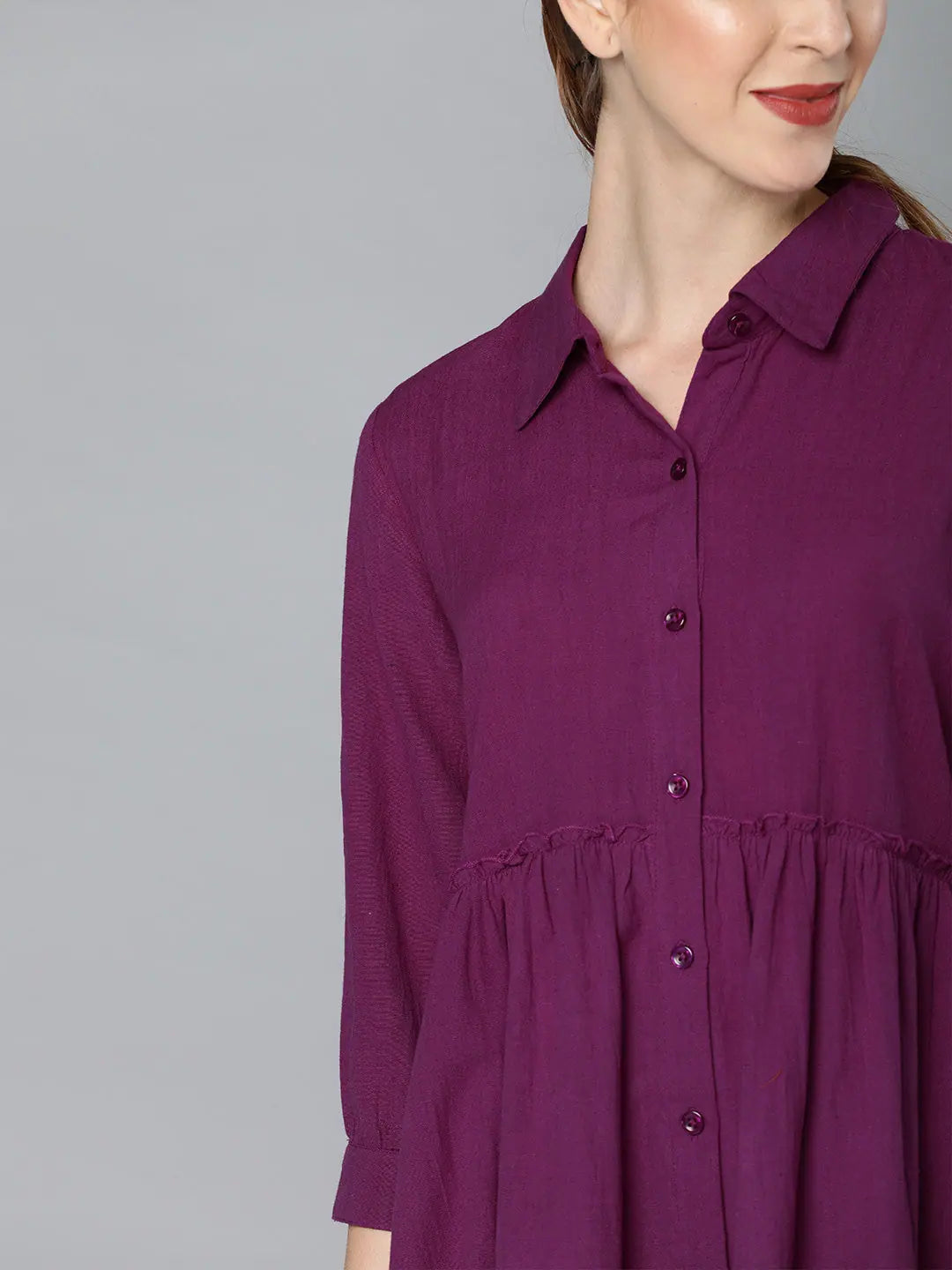 Purple Tiered Cotton Dress - Front Open Below Knee Length