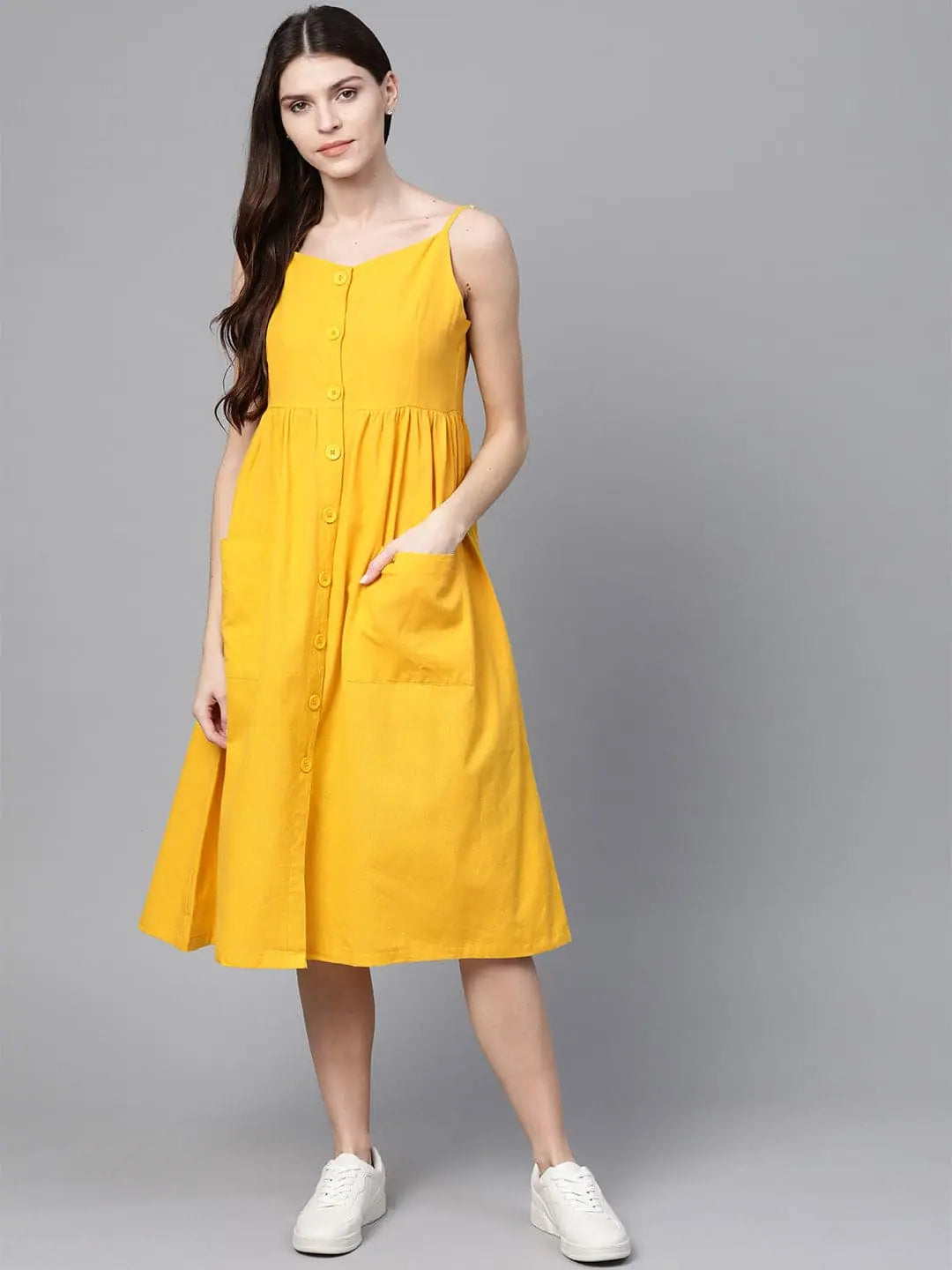 Yellow Strappy Front Open Midi Dress - Cotton Linen