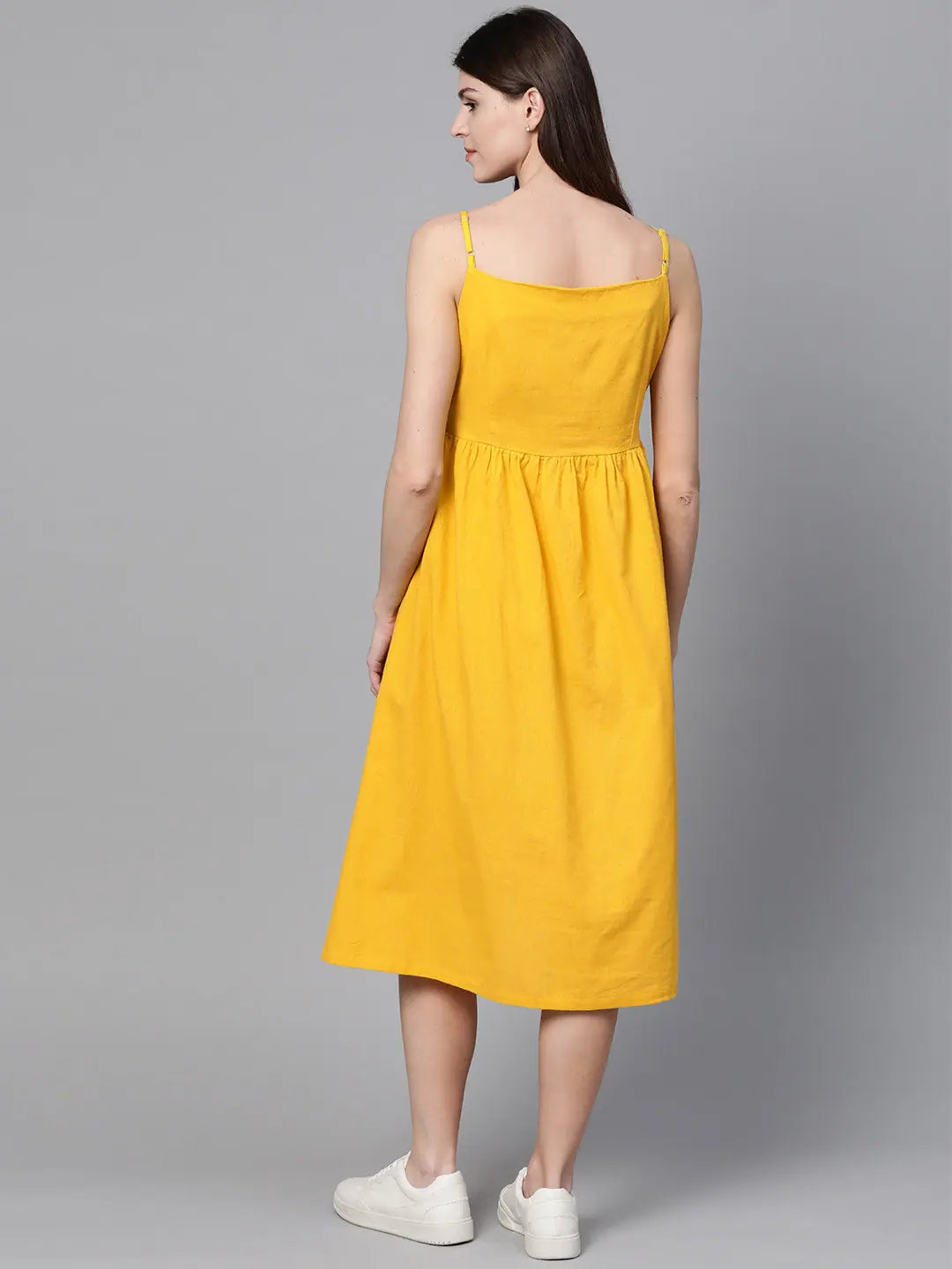 Yellow Strappy Front Open Midi Dress - Cotton Linen