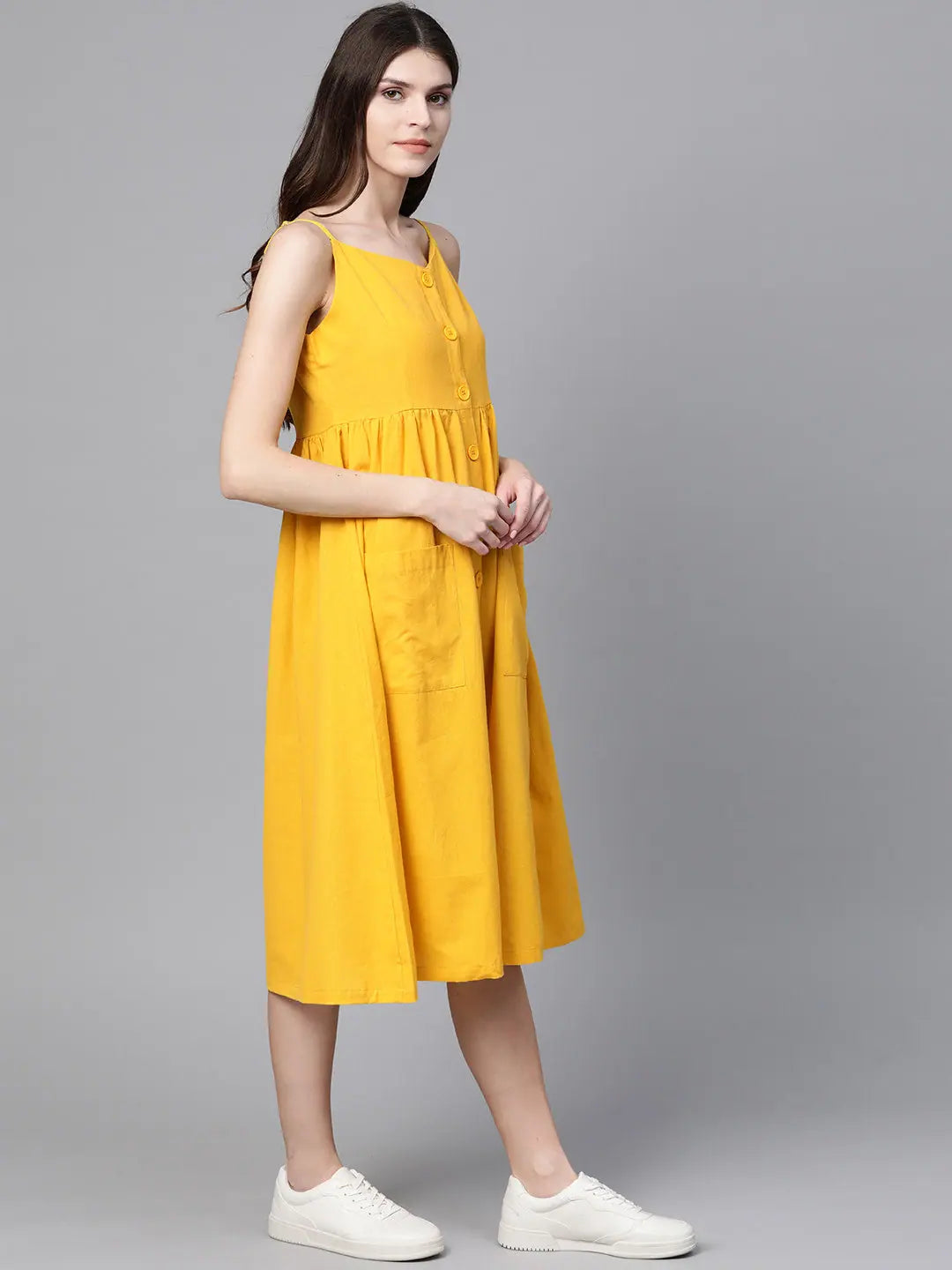 Yellow Strappy Front Open Midi Dress - Cotton Linen