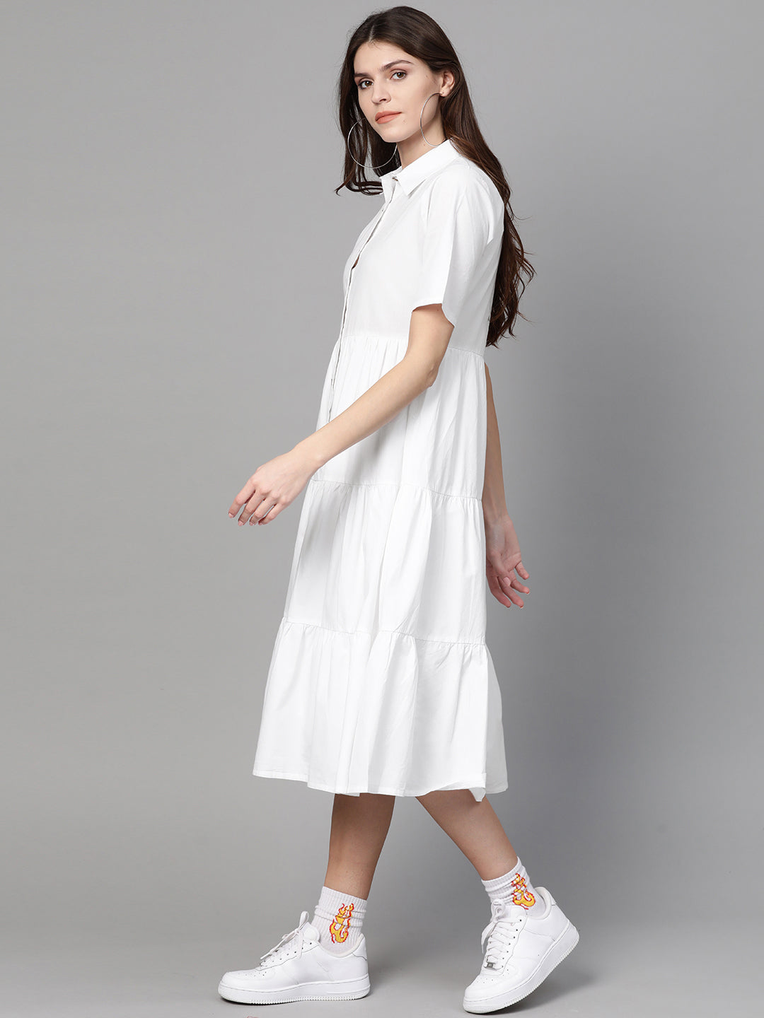 White Tiered Shirt Dress-SFDRSS1875