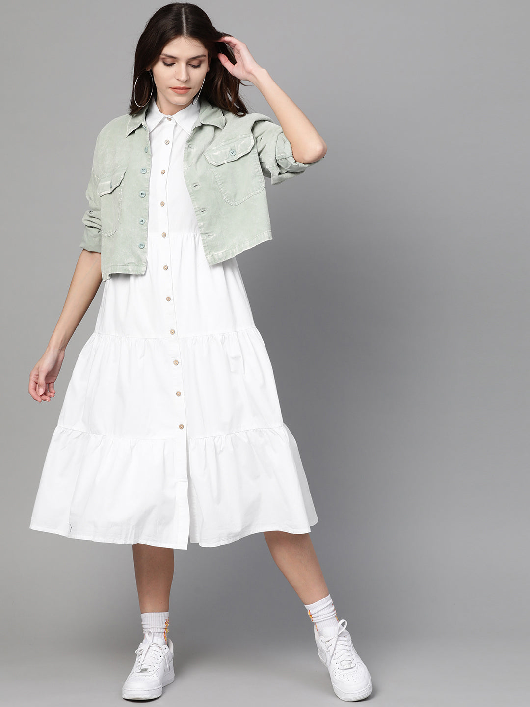 White Tiered Shirt Dress-SFDRSS1875