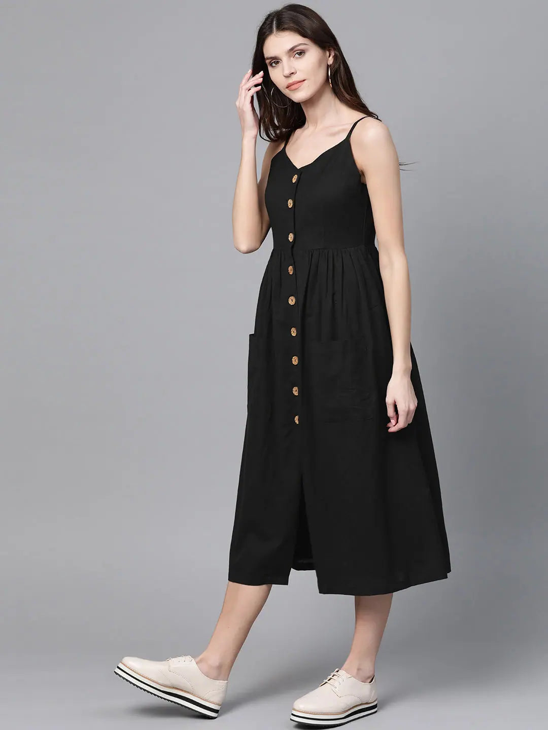Black Button Midi Dress | Cotton Strappy Style for Women