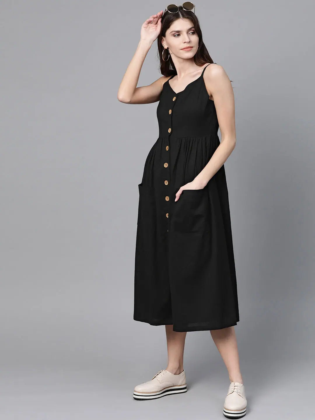 Black Button Midi Dress | Cotton Strappy Style for Women