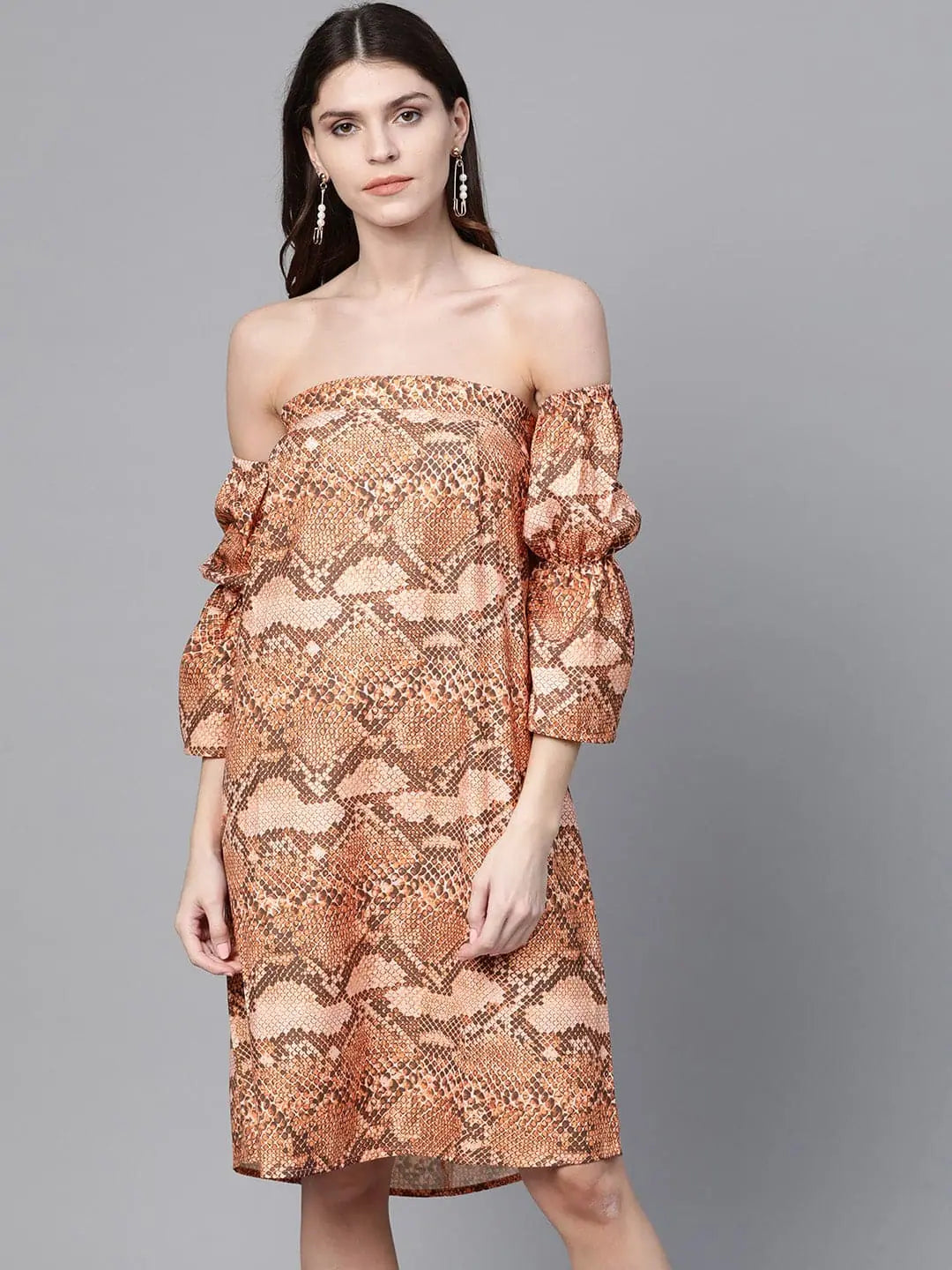 Brown Snake Print Bardot Dress | Poly Rayon Shift Dress