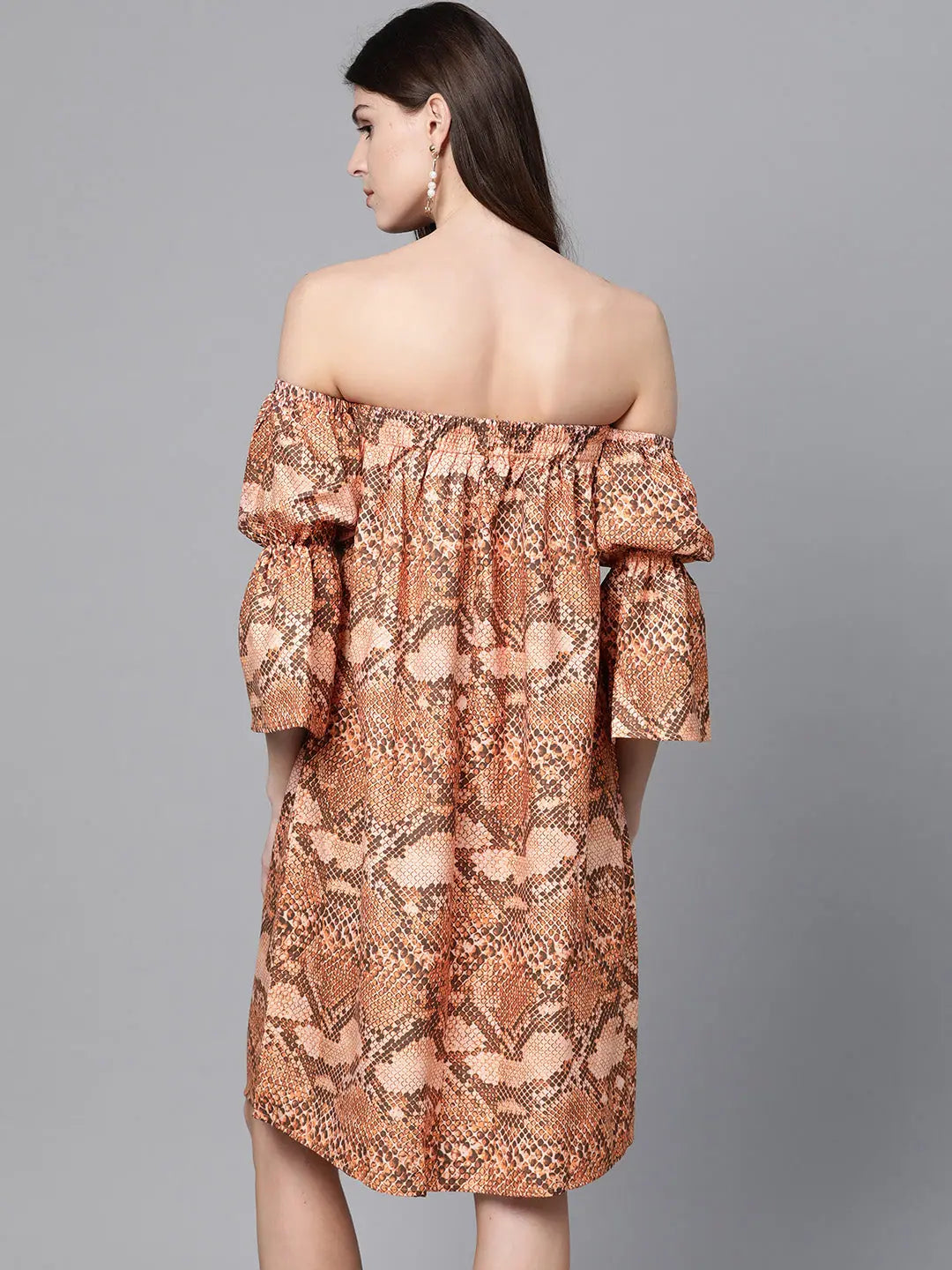 Brown Snake Print Bardot Dress | Poly Rayon Shift Dress