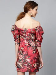 Red Floral Puff Sleeve Shift Dress