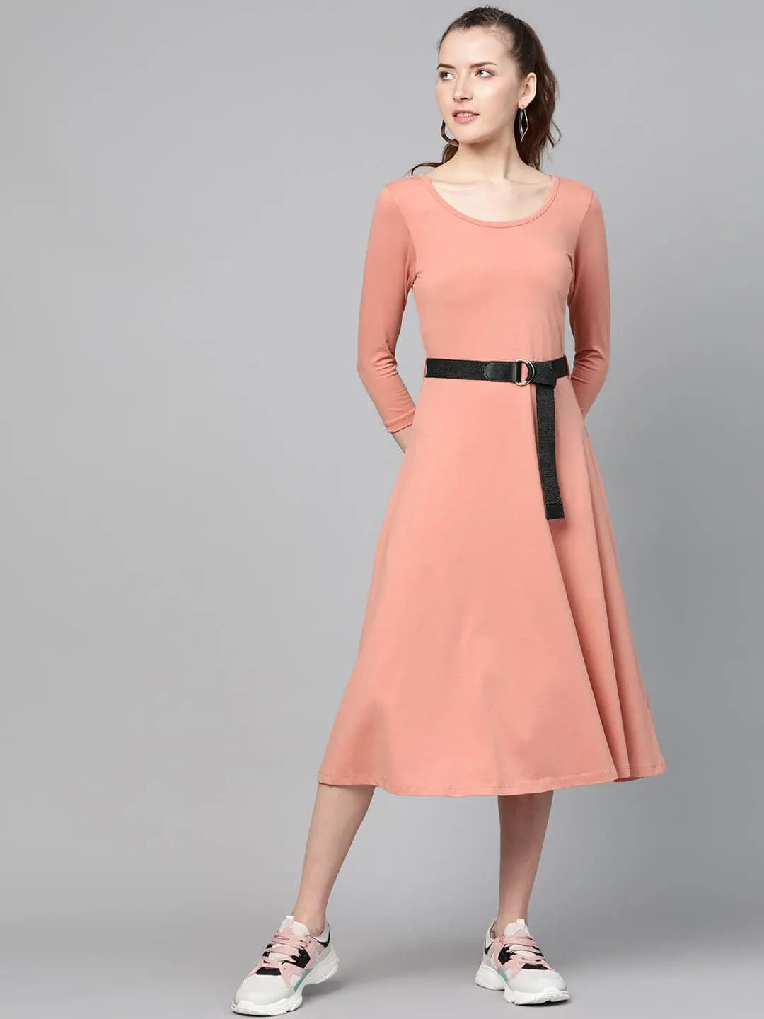 Peach Skater Midi Dress - Belted | Women's Western Clothing