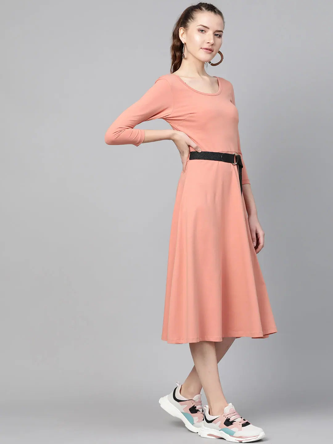 Peach Skater Midi Dress - Belted | Women's Western Clothing
