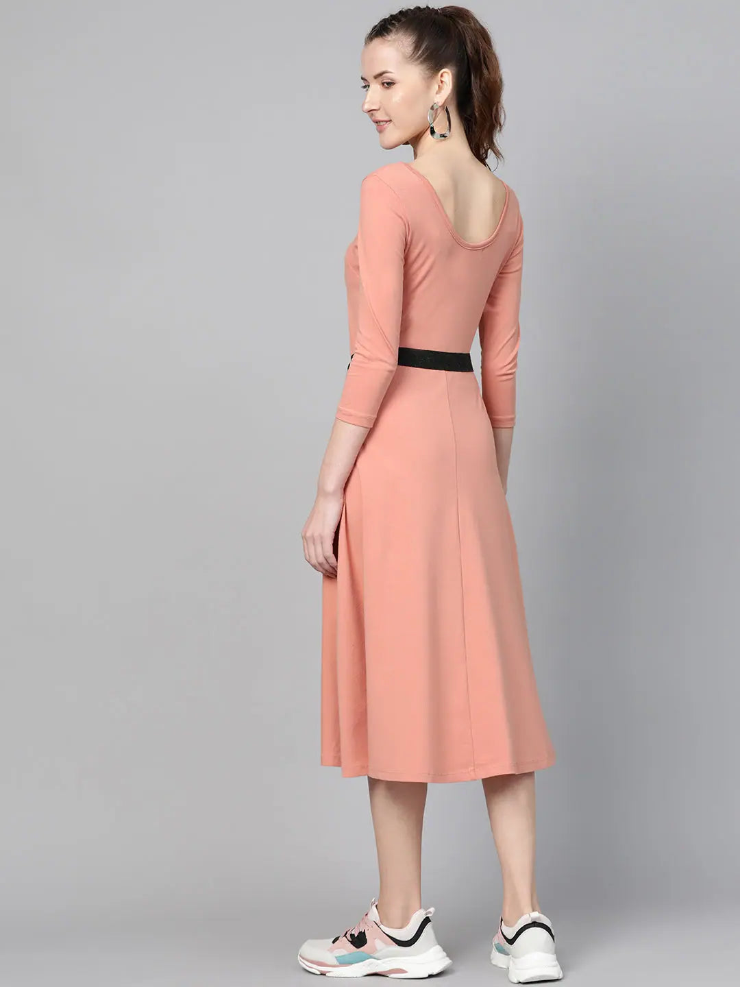 Peach Skater Midi Dress - Belted | Women's Western Clothing