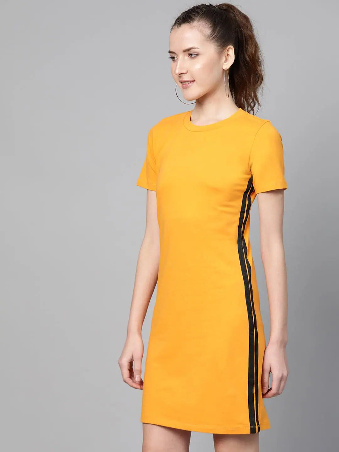 Mustard Bodycon Dress | Side Tape Detail, Cotton Fabric