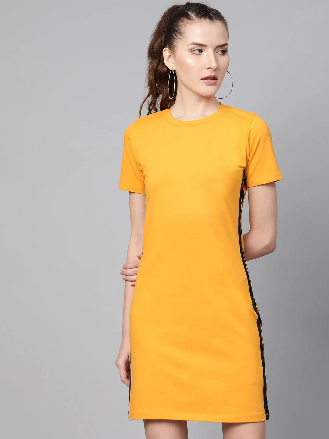 Mustard Bodycon Dress | Side Tape Detail, Cotton Fabric