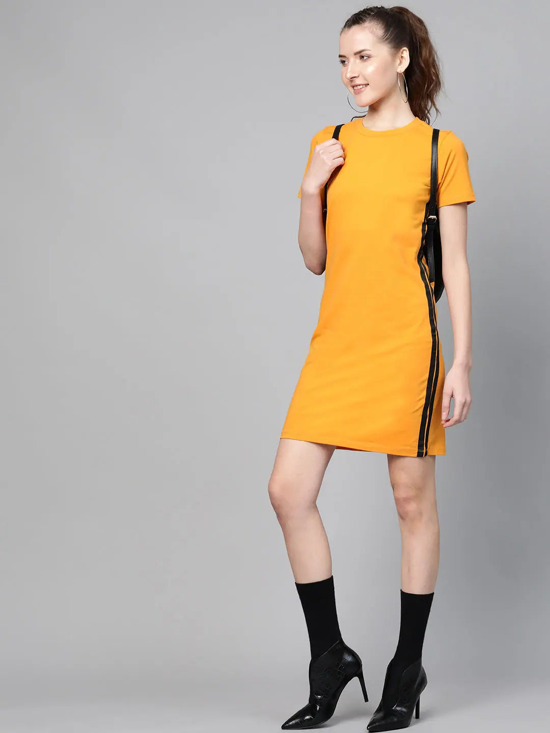 Mustard Bodycon Dress | Side Tape Detail, Cotton Fabric