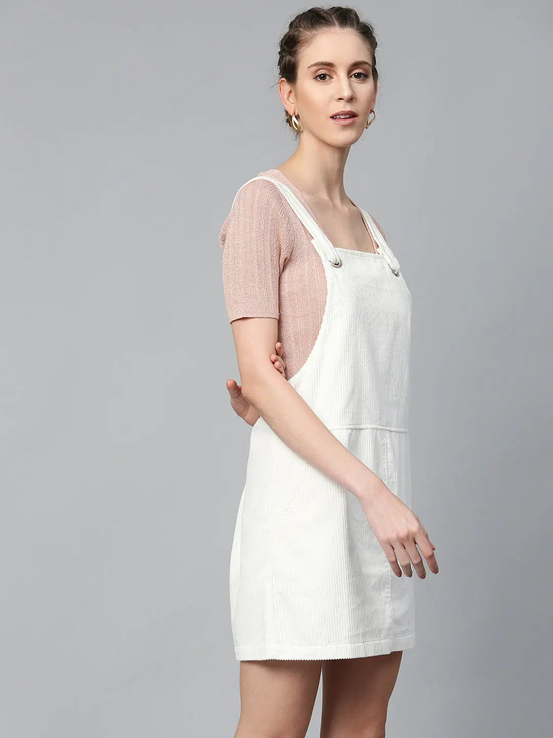 White Corduroy Pinafore Dress | Women's Lehenga Style