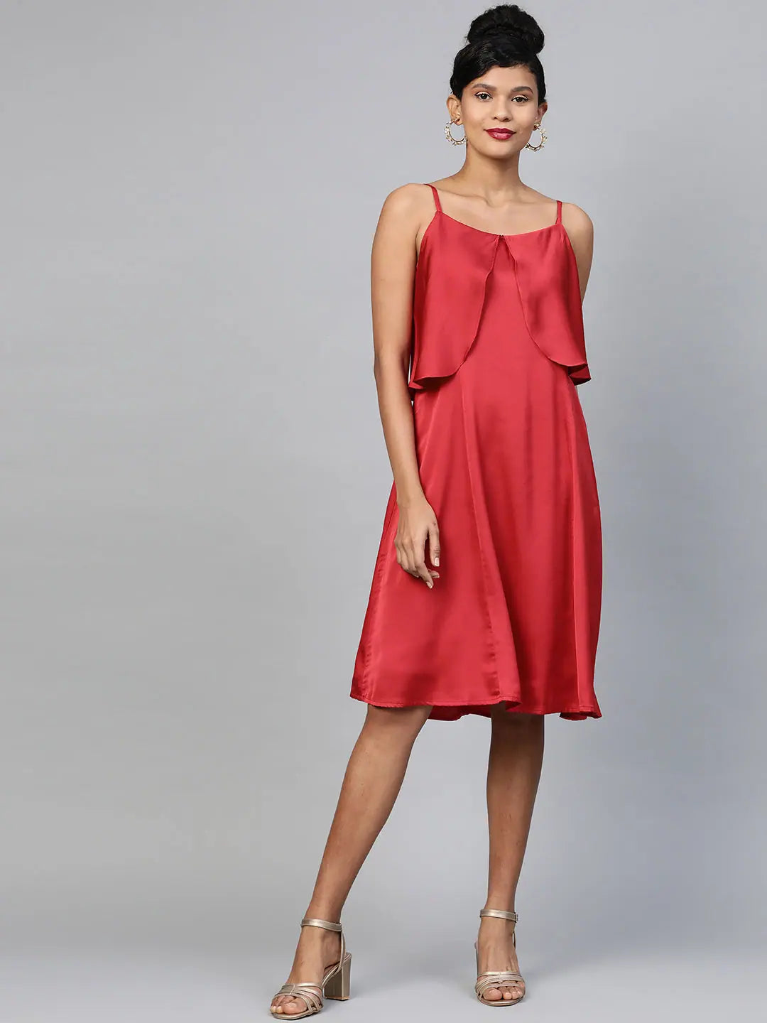 Red Satin Skater Dress - Strappy Cold Shoulder Women's Dress